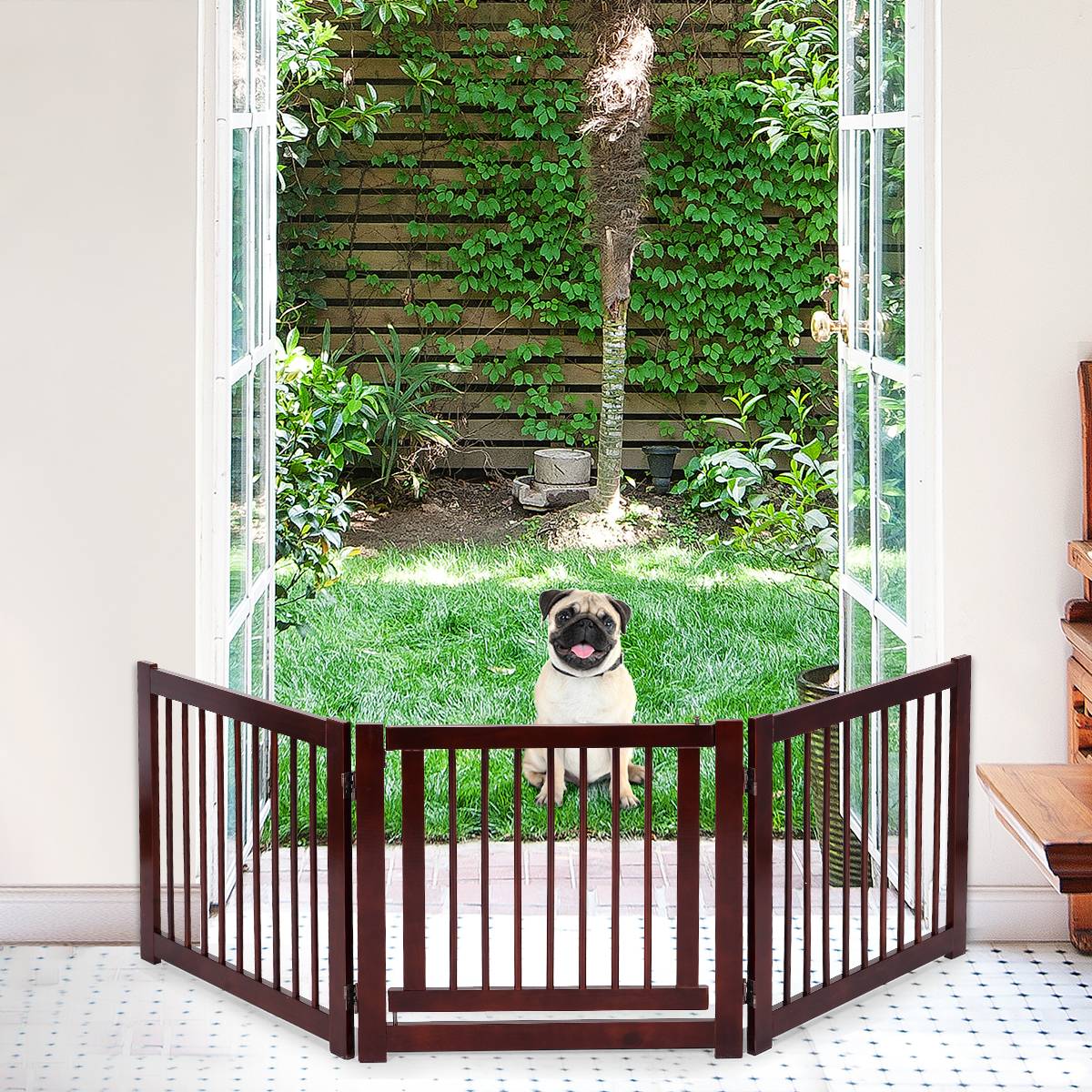 Barrière de porte pliable pour chien Barrière de sécurité pivotante pour animaux, en bois de pin, 206x1,8x61cm, Marron - Image 3