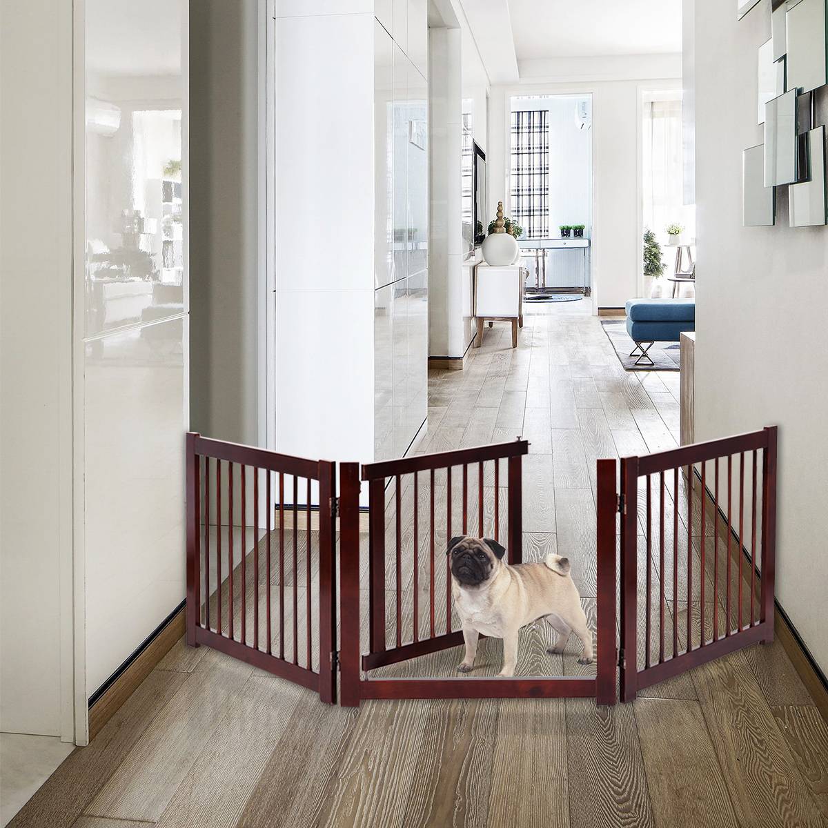 Barrière de porte pliable pour chien Barrière de sécurité pivotante pour animaux, en bois de pin, 206x1,8x61cm, Marron - Image 2