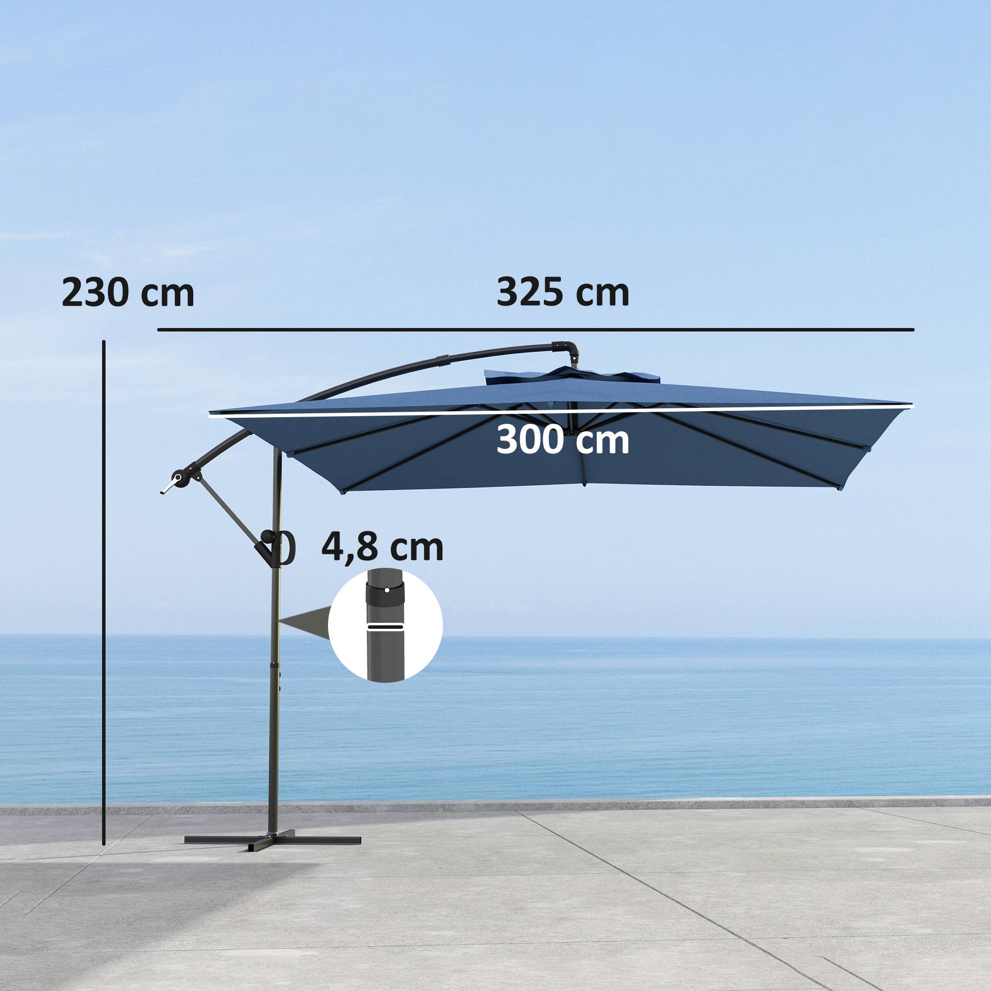 Outsunny - Parasol déporté carré 3x3m avec manivelle base croisée inclinable et rotation 360° toile polyester 180g/m² protection UV UPF50+ bleu - Outsunny - Image 3