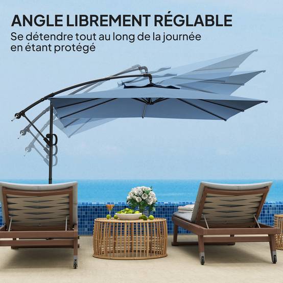 Outsunny - Parasol déporté carré 3x3m avec manivelle base croisée inclinable et rotation 360° toile polyester 180g/m² protection UV UPF50+ bleu - Outsunny - Image 6