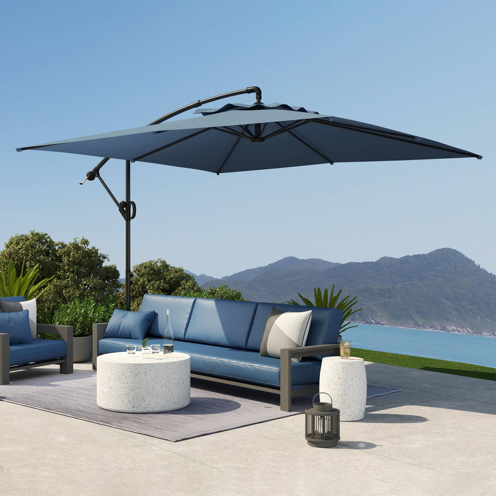 Outsunny - Parasol déporté carré 3x3m avec manivelle base croisée inclinable et rotation 360° toile polyester 180g/m² protection UV UPF50+ bleu - Outsunny - Image 2
