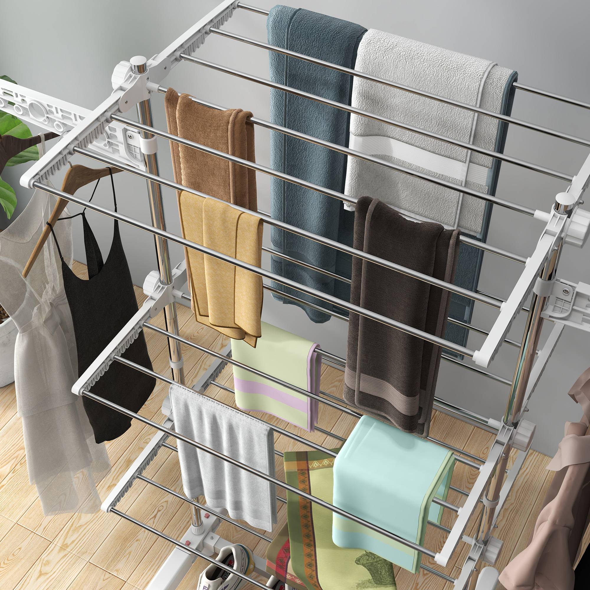 Homcom - Séchoir à linge pliable ailes latérales 142x55x152cm 3 niveaux utilisation intérieure/extérieure - HOMCOM - Image 9