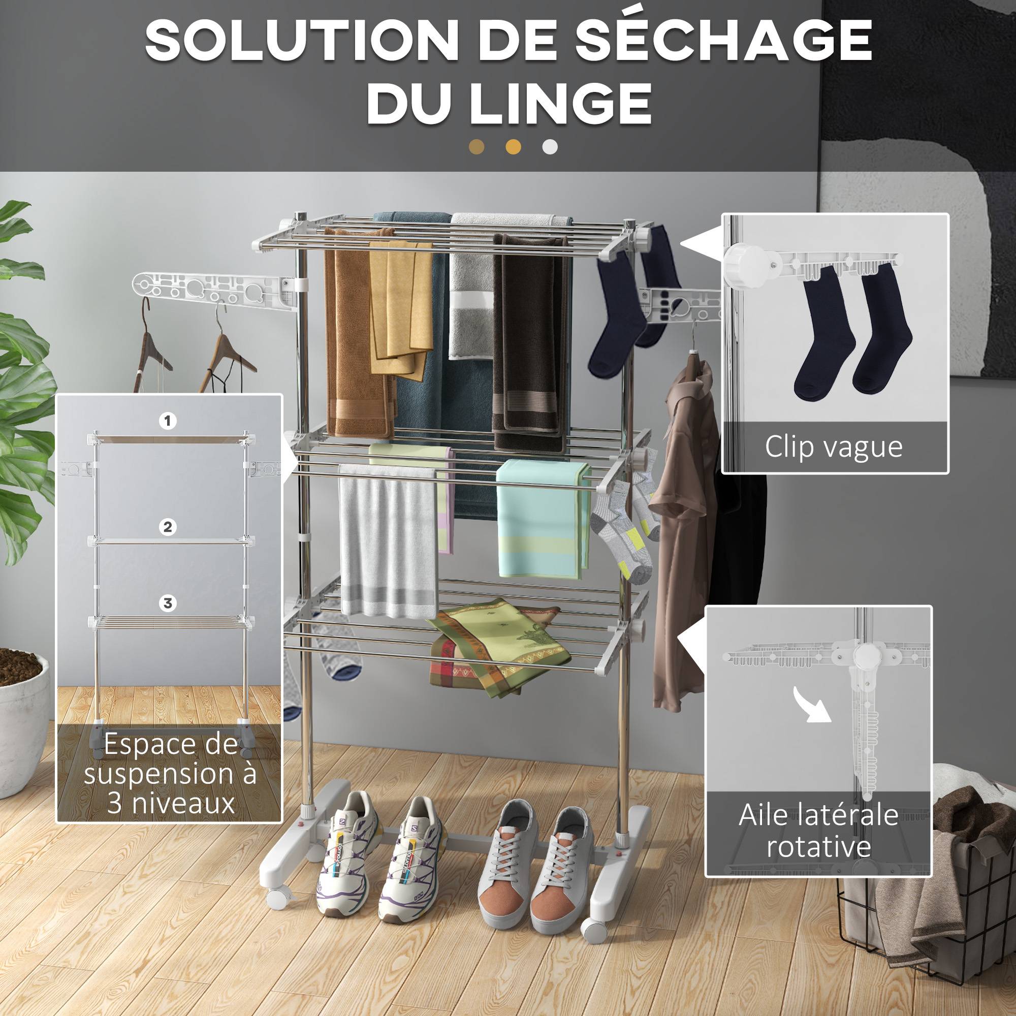 Homcom - Séchoir à linge pliable ailes latérales 142x55x152cm 3 niveaux utilisation intérieure/extérieure - HOMCOM - Image 7