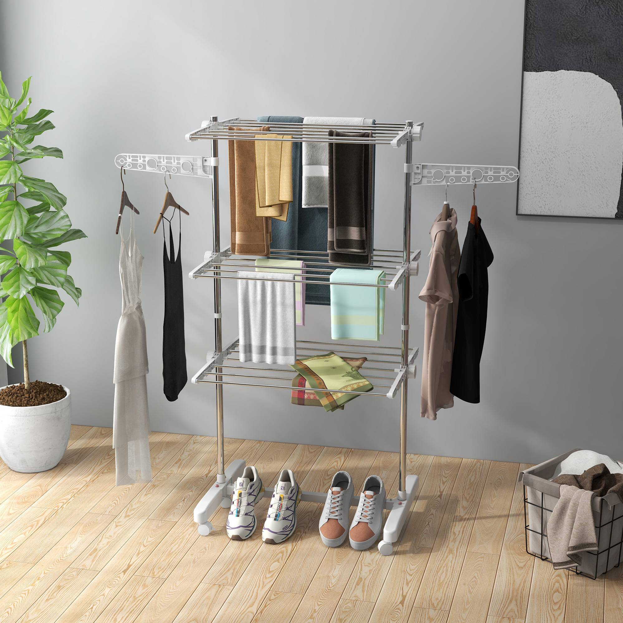 Homcom - Séchoir à linge pliable ailes latérales 142x55x152cm 3 niveaux utilisation intérieure/extérieure - HOMCOM - Image 4