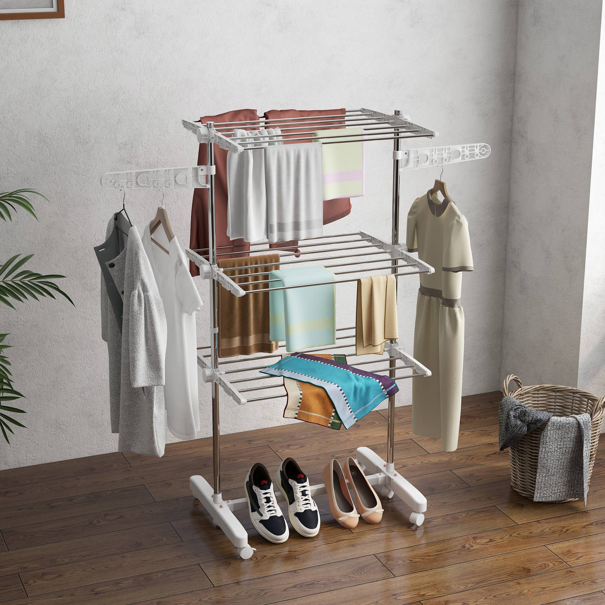 Homcom - Séchoir à linge pliable ailes latérales 142x55x152cm 3 niveaux utilisation intérieure/extérieure - HOMCOM - Image 2