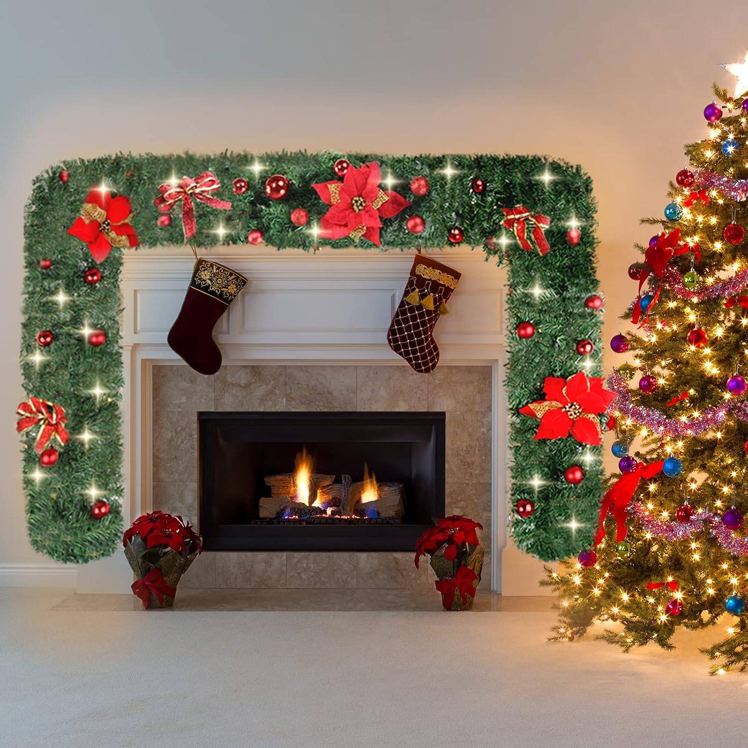 Décorations de couronne de noël de 270cm avec lumières LED, couronne artificielle avec fleurs dorées, guirlande de décorations de noël - Image 6