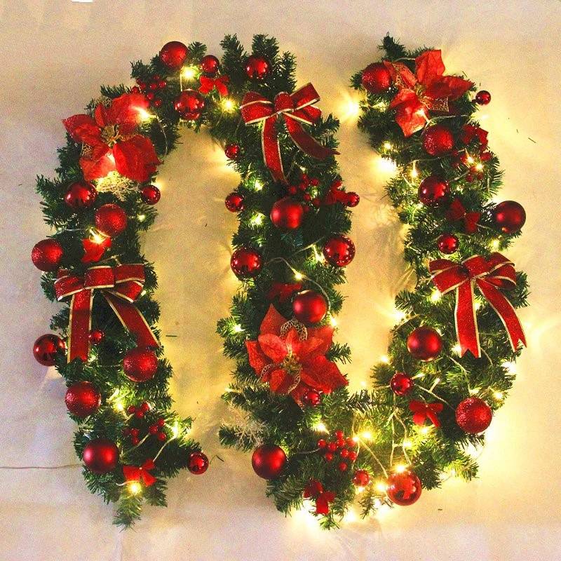 Décorations de couronne de noël de 270cm avec lumières LED, couronne artificielle avec fleurs dorées, guirlande de décorations de noël - Image 2