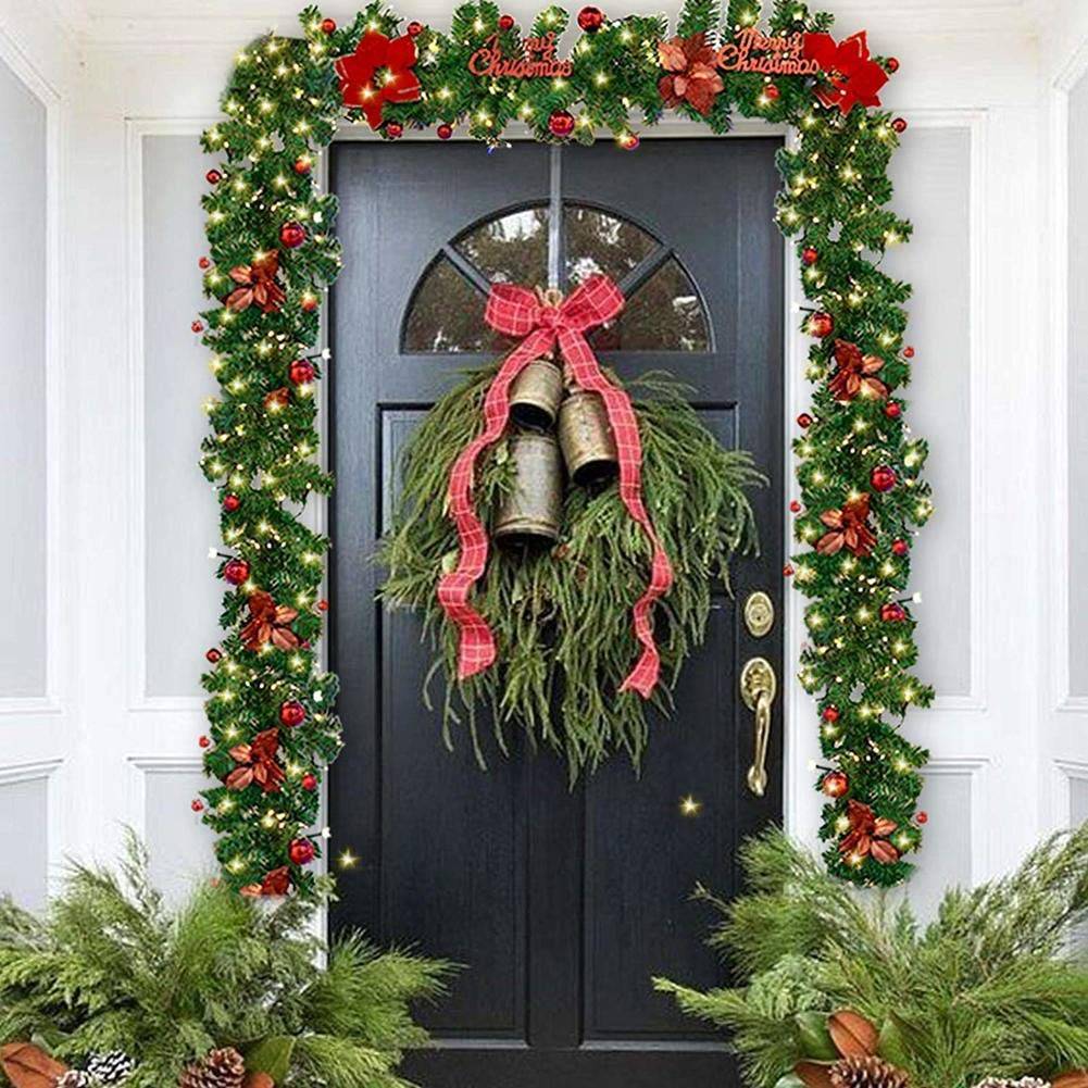 Décorations de couronne de noël de 270cm avec lumières LED, couronne artificielle avec fleurs dorées, guirlande de décorations de noël - Image 4