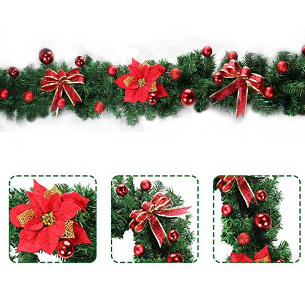 Décorations de couronne de noël de 270cm avec lumières LED, couronne artificielle avec fleurs dorées, guirlande de décorations de noël - Image 3