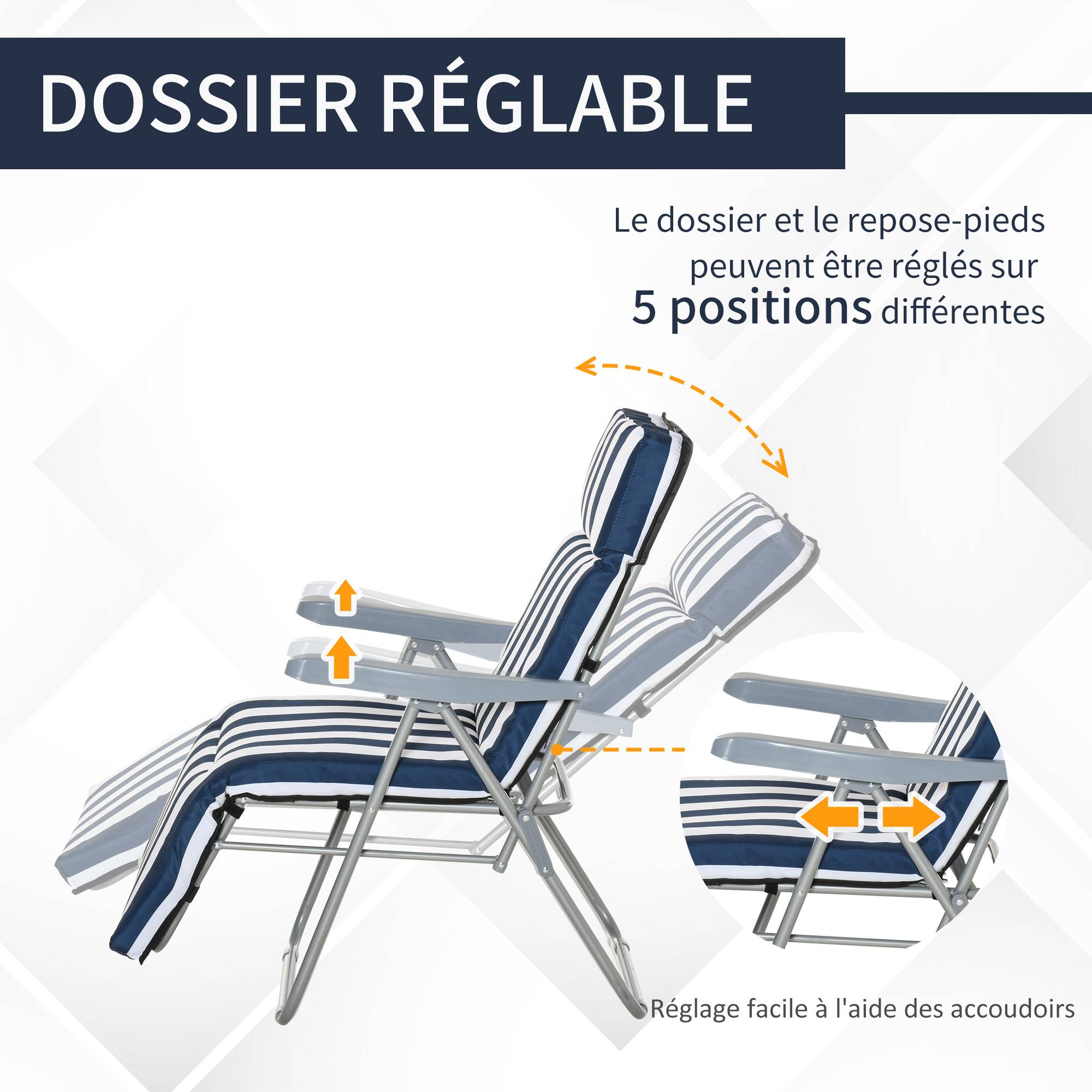 Lot de 2 Chaise Longue Bain de Soleil Adjustable Pliable avec coussin - 60x75x102cm Métal Bleu fr133 - Image 6