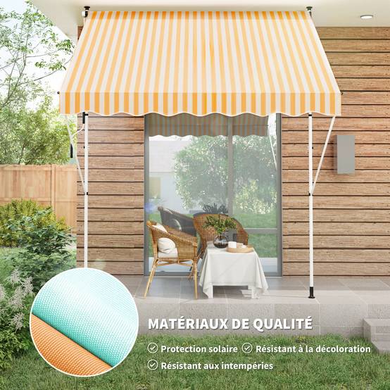 Store Banne Manuel Rétractable 3 x 1,5 m, Sans Perçage, Hauteur et Inclinaison Réglables, Aluminium et Polyester Anti-UV, Orange Rayé Blanc - Image 6