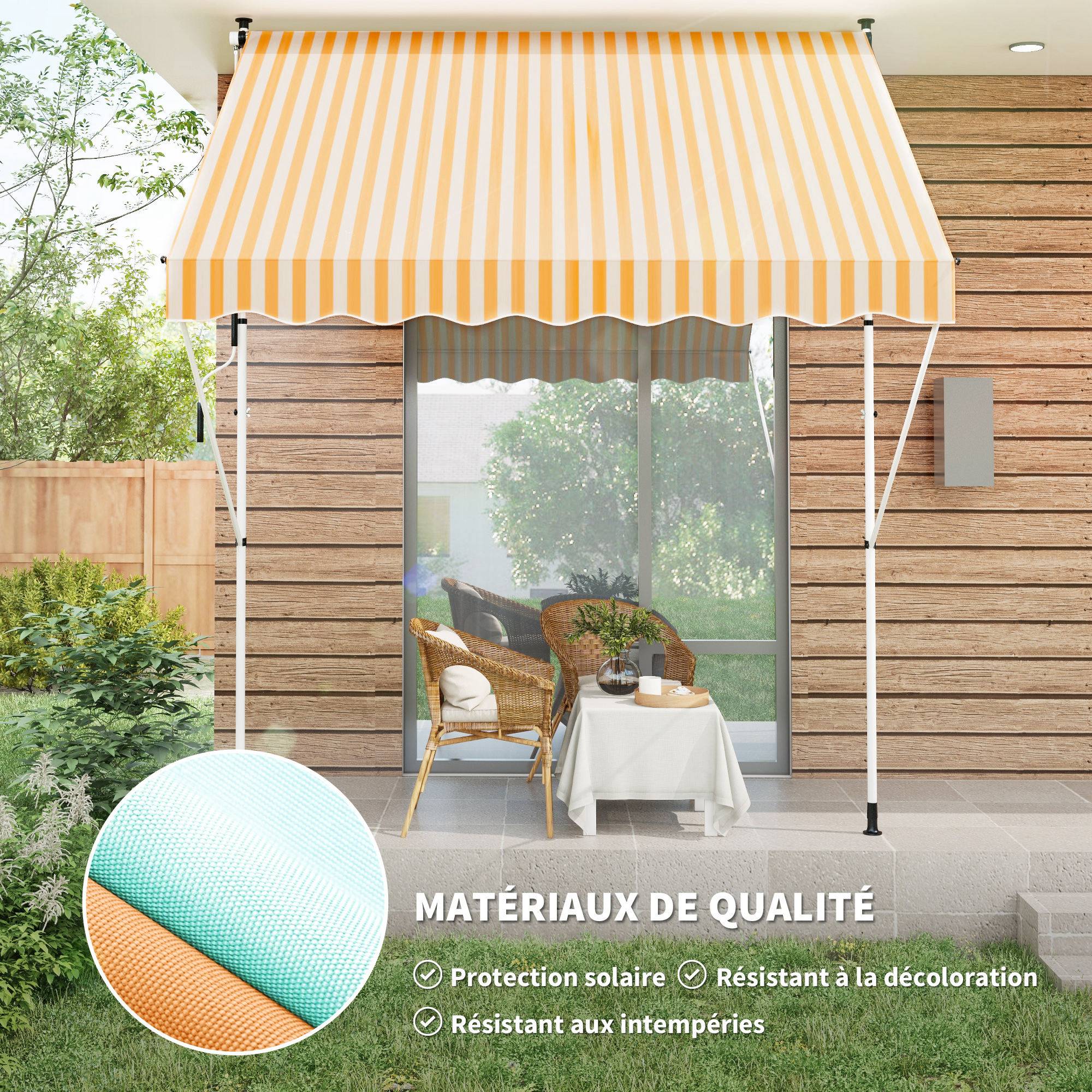 Store Banne Manuel Rétractable 3 x 1,5 m, Sans Perçage, Hauteur et Inclinaison Réglables, Aluminium et Polyester Anti-UV, Orange Rayé Blanc - Image 6