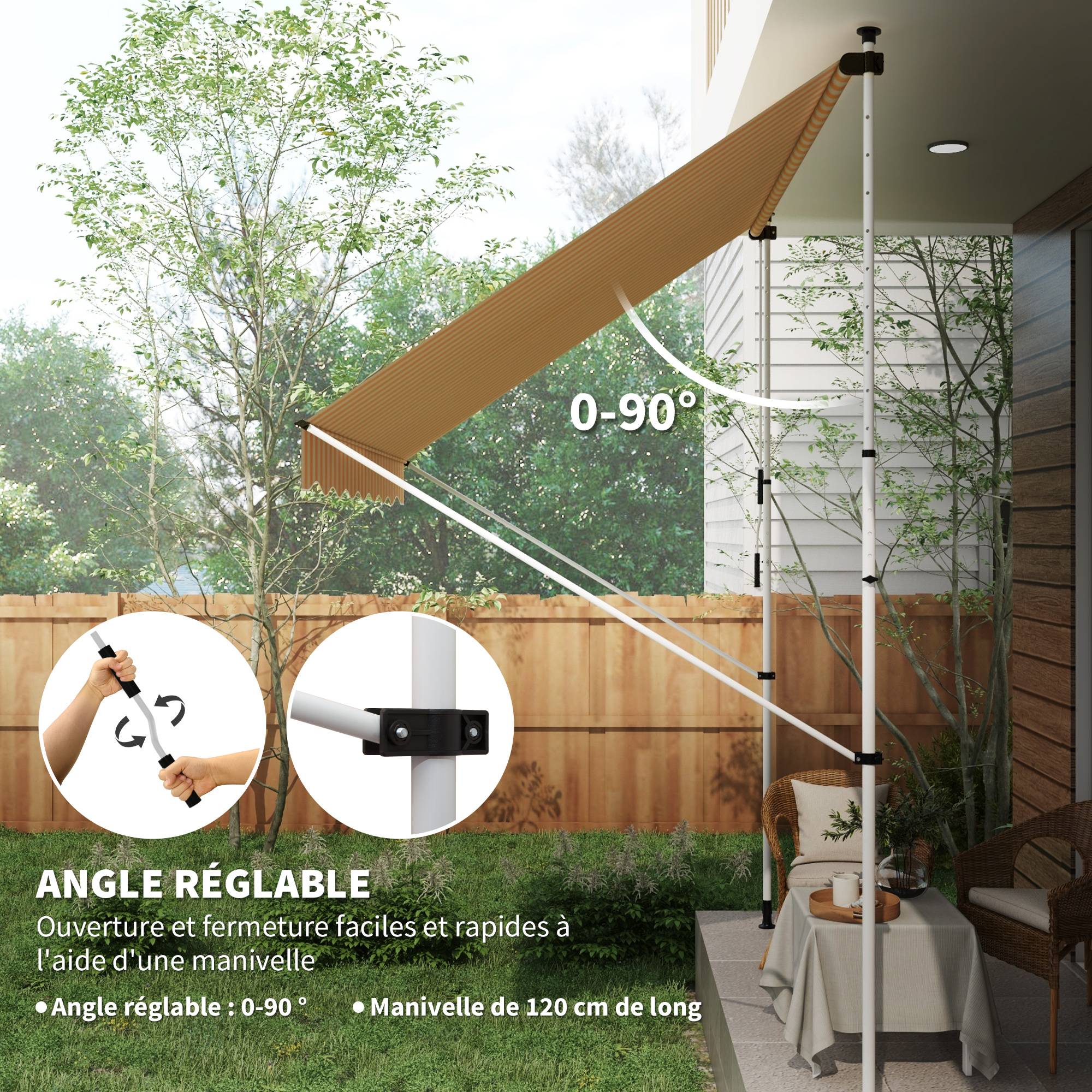 Store Banne Manuel Rétractable 3 x 1,5 m, Sans Perçage, Hauteur et Inclinaison Réglables, Aluminium et Polyester Anti-UV, Orange Rayé Blanc - Image 8