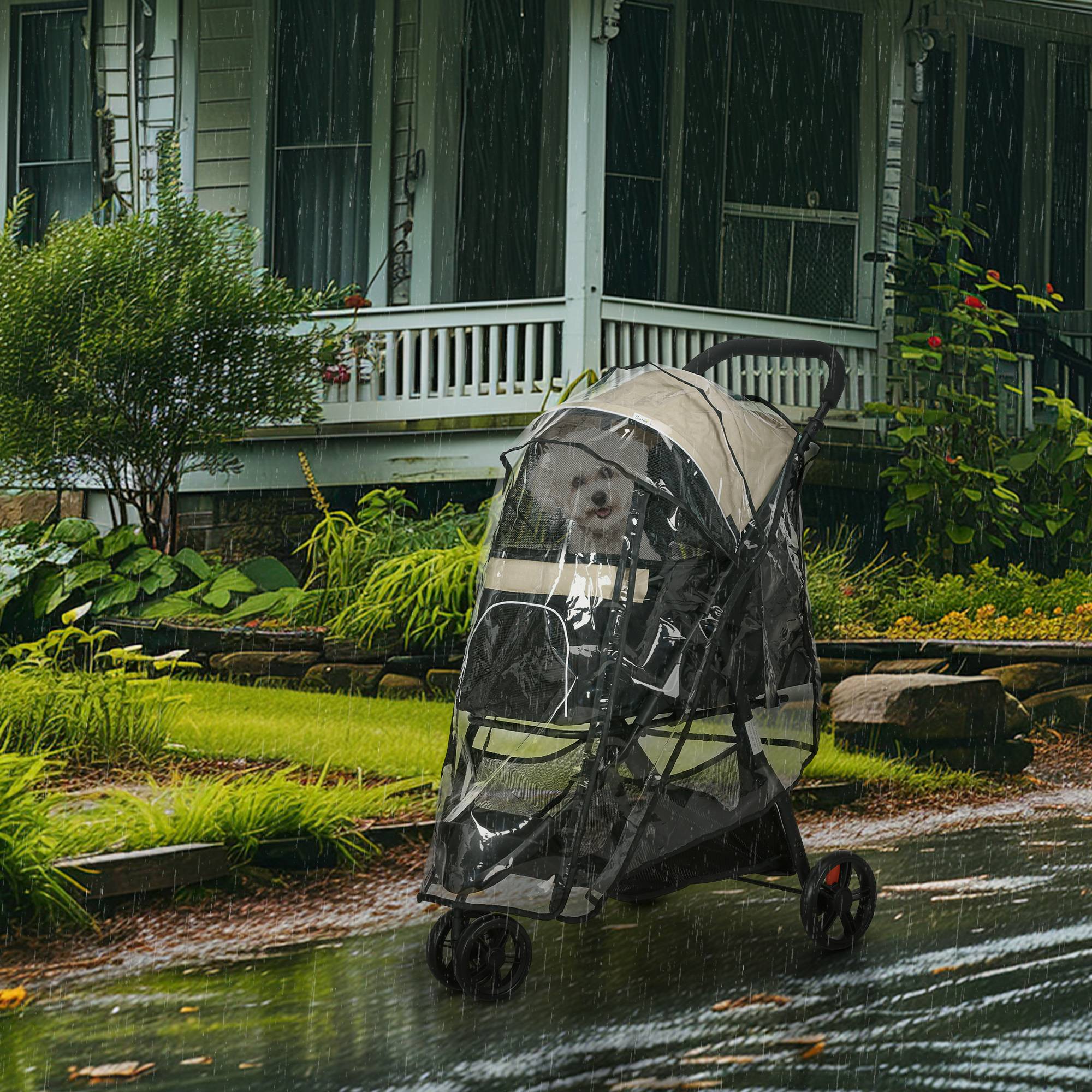 Chariot pour chien et chat pliable avec toit de pluie, tissu polyester, kaki 80.5 x 51.5 x 100 cm - PANGIVO - Image 2