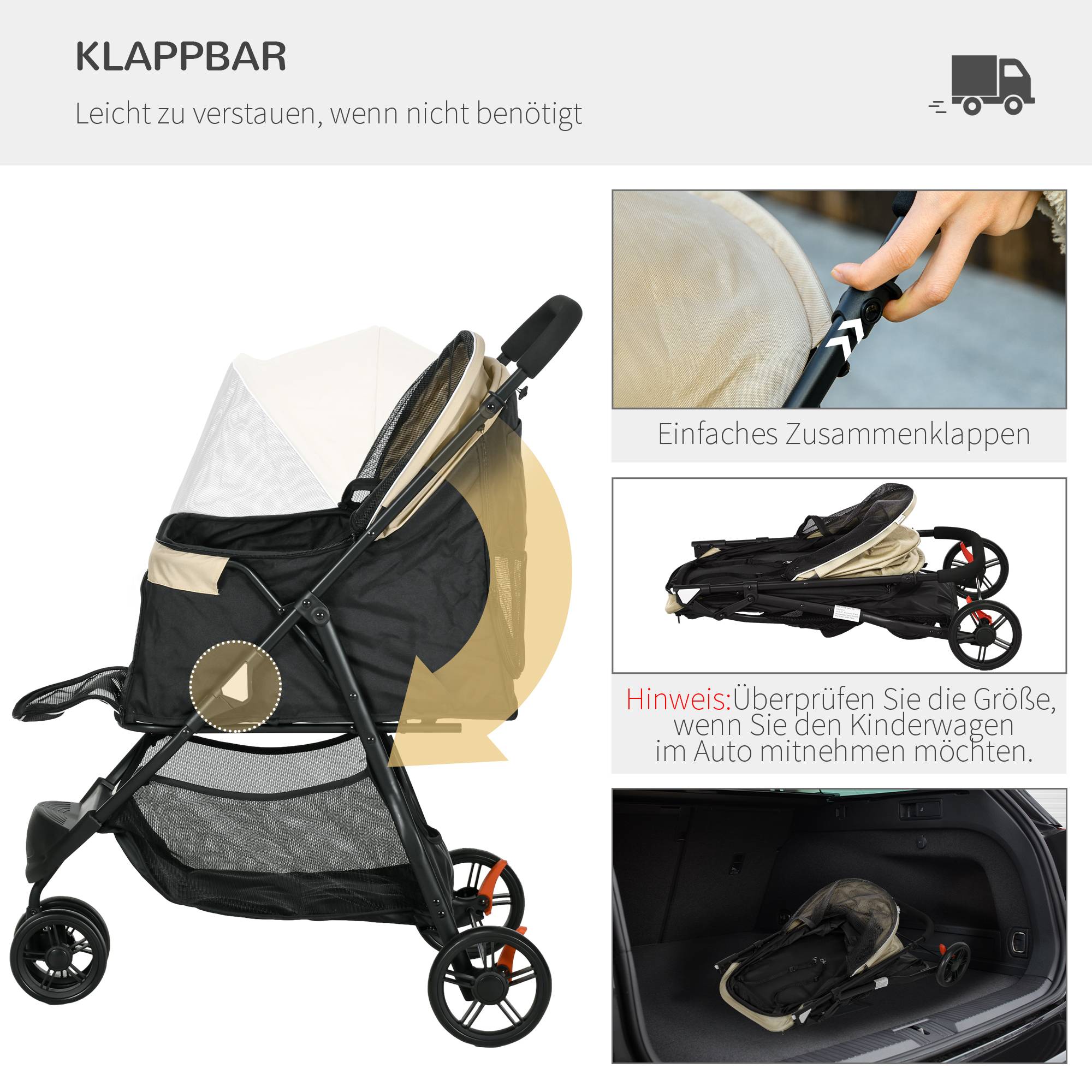 Chariot pour chien et chat pliable avec toit de pluie, tissu polyester, kaki 80.5 x 51.5 x 100 cm - PANGIVO - Image 5