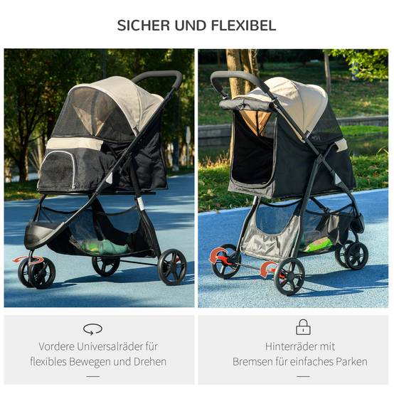 Chariot pour chien et chat pliable avec toit de pluie, tissu polyester, kaki 80.5 x 51.5 x 100 cm - PANGIVO - Image 4