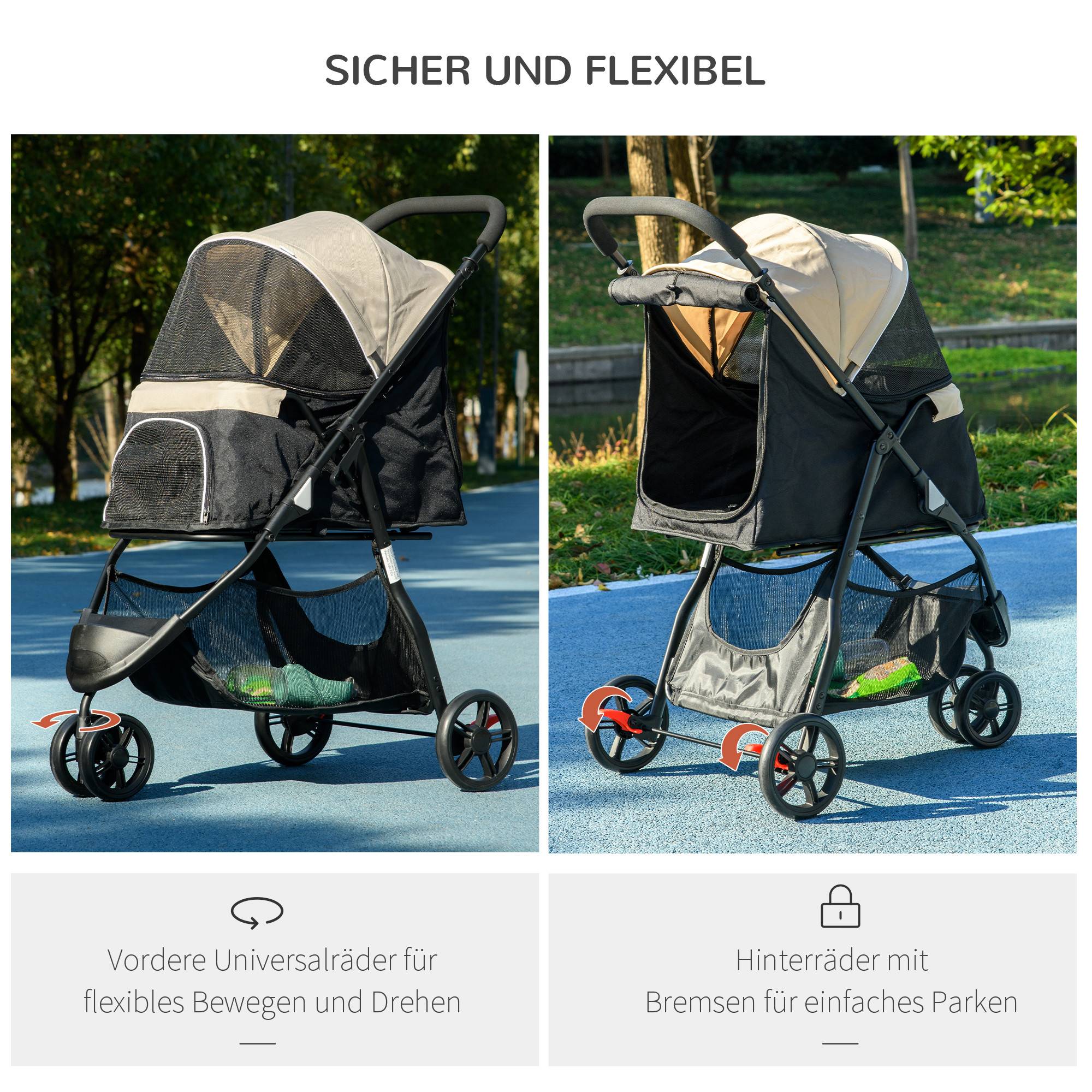 Chariot pour chien et chat pliable avec toit de pluie, tissu polyester, kaki 80.5 x 51.5 x 100 cm - PANGIVO - Image 4