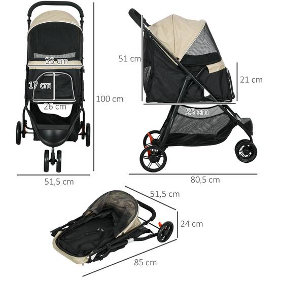 Chariot pour chien et chat pliable avec toit de pluie, tissu polyester, kaki 80.5 x 51.5 x 100 cm - PANGIVO - Image 3