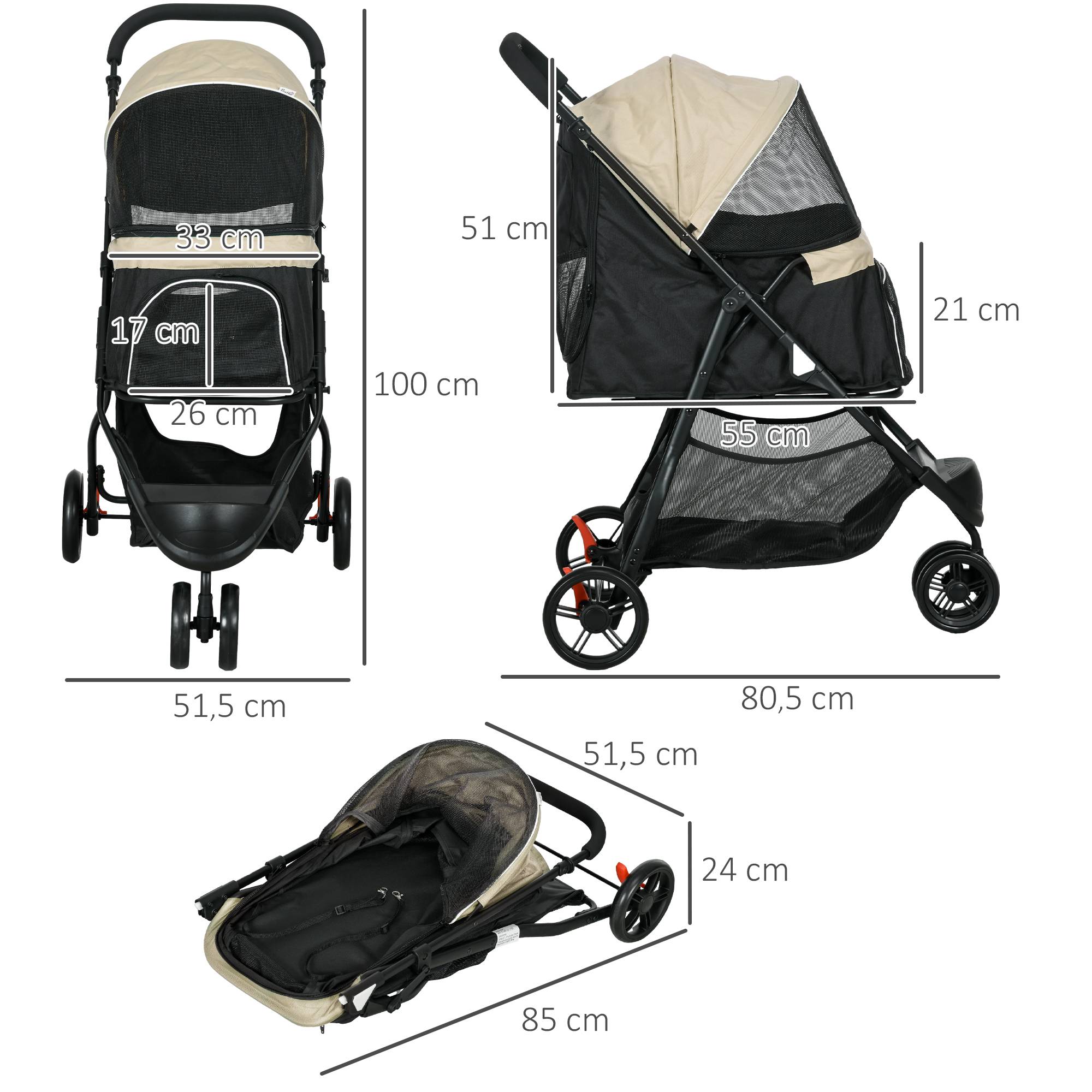 Chariot pour chien et chat pliable avec toit de pluie, tissu polyester, kaki 80.5 x 51.5 x 100 cm - PANGIVO - Image 3