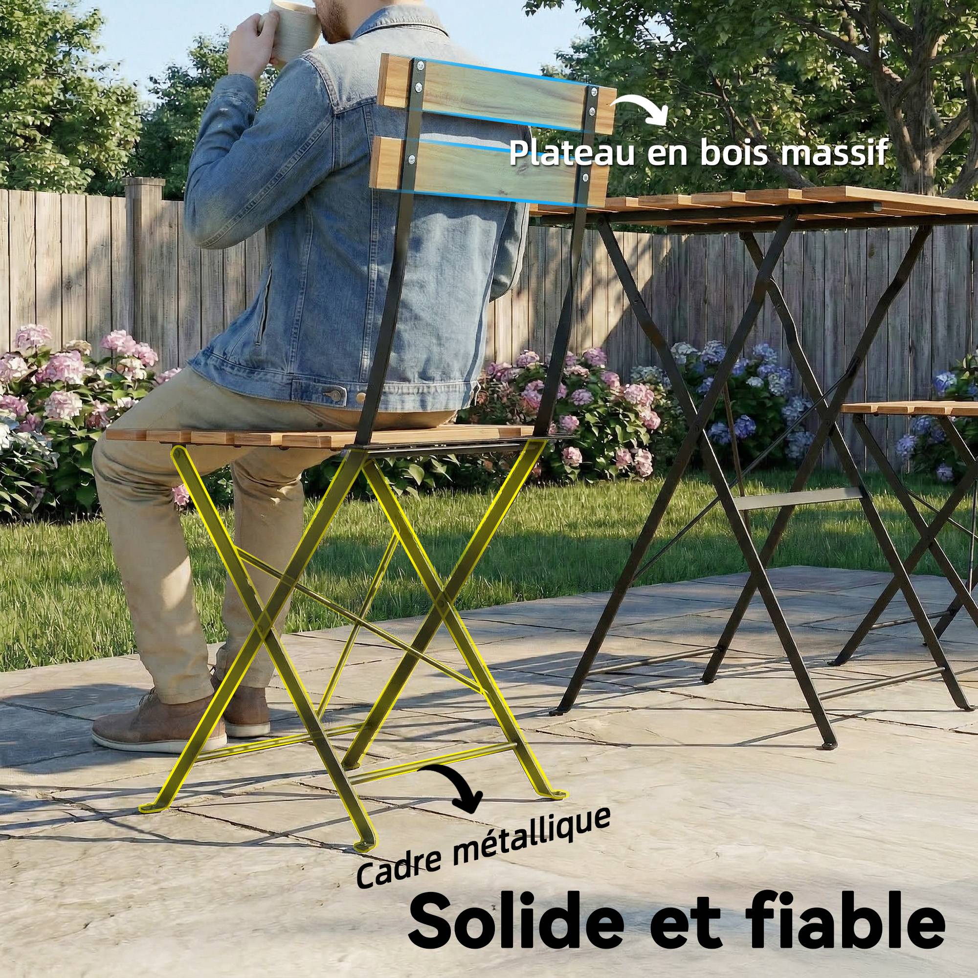 Ensemble de Salon de Jardin Bistrot 3 Pièces, 2 Chaises Pliantes, Table Carrée en Bois d'Acacia, 55x55x71cm, Naturel - Image 8