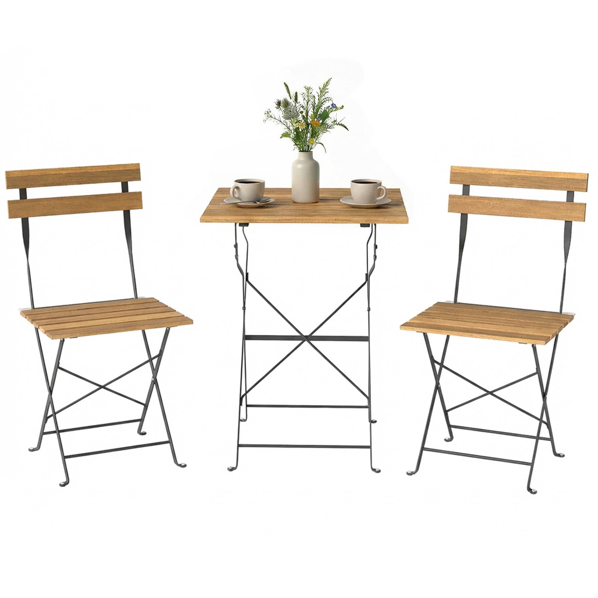 Ensemble de Salon de Jardin Bistrot 3 Pièces, 2 Chaises Pliantes, Table Carrée en Bois d'Acacia, 55x55x71cm, Naturel - Image 1
