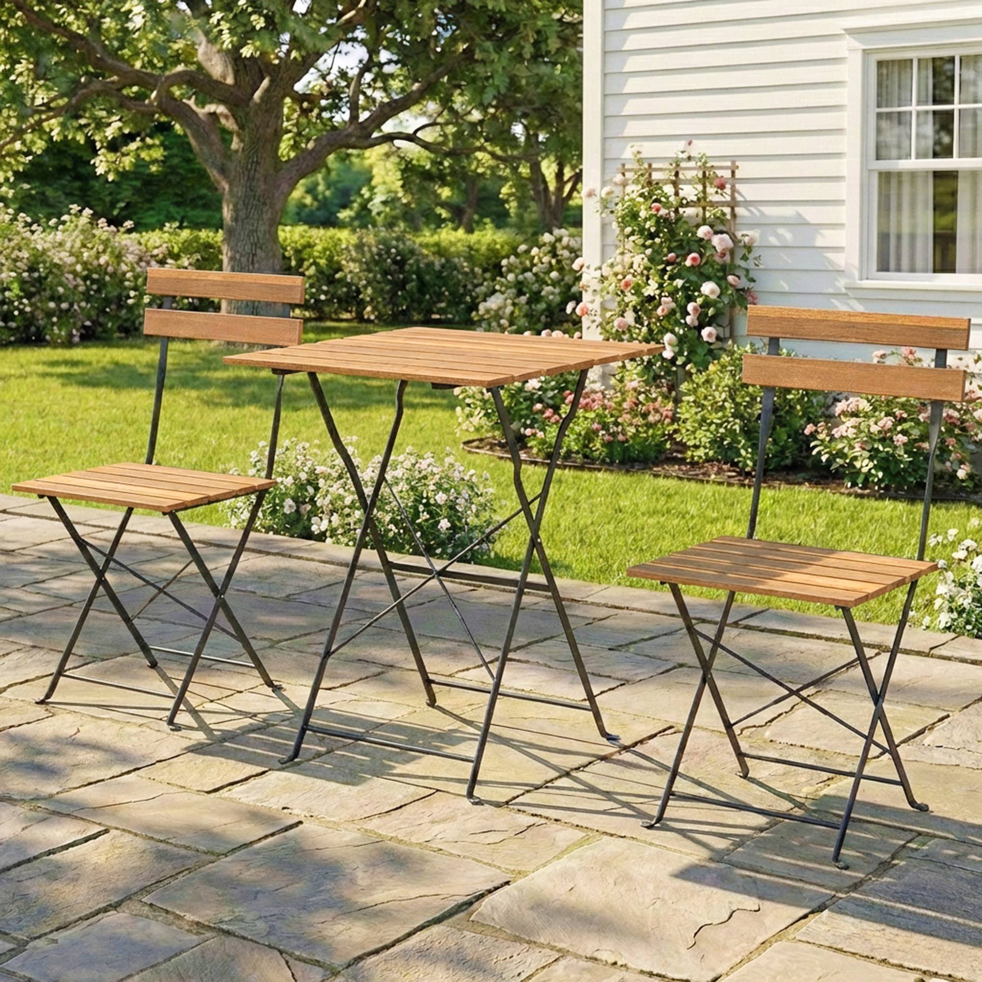 Ensemble de Salon de Jardin Bistrot 3 Pièces, 2 Chaises Pliantes, Table Carrée en Bois d'Acacia, 55x55x71cm, Naturel - Image 3