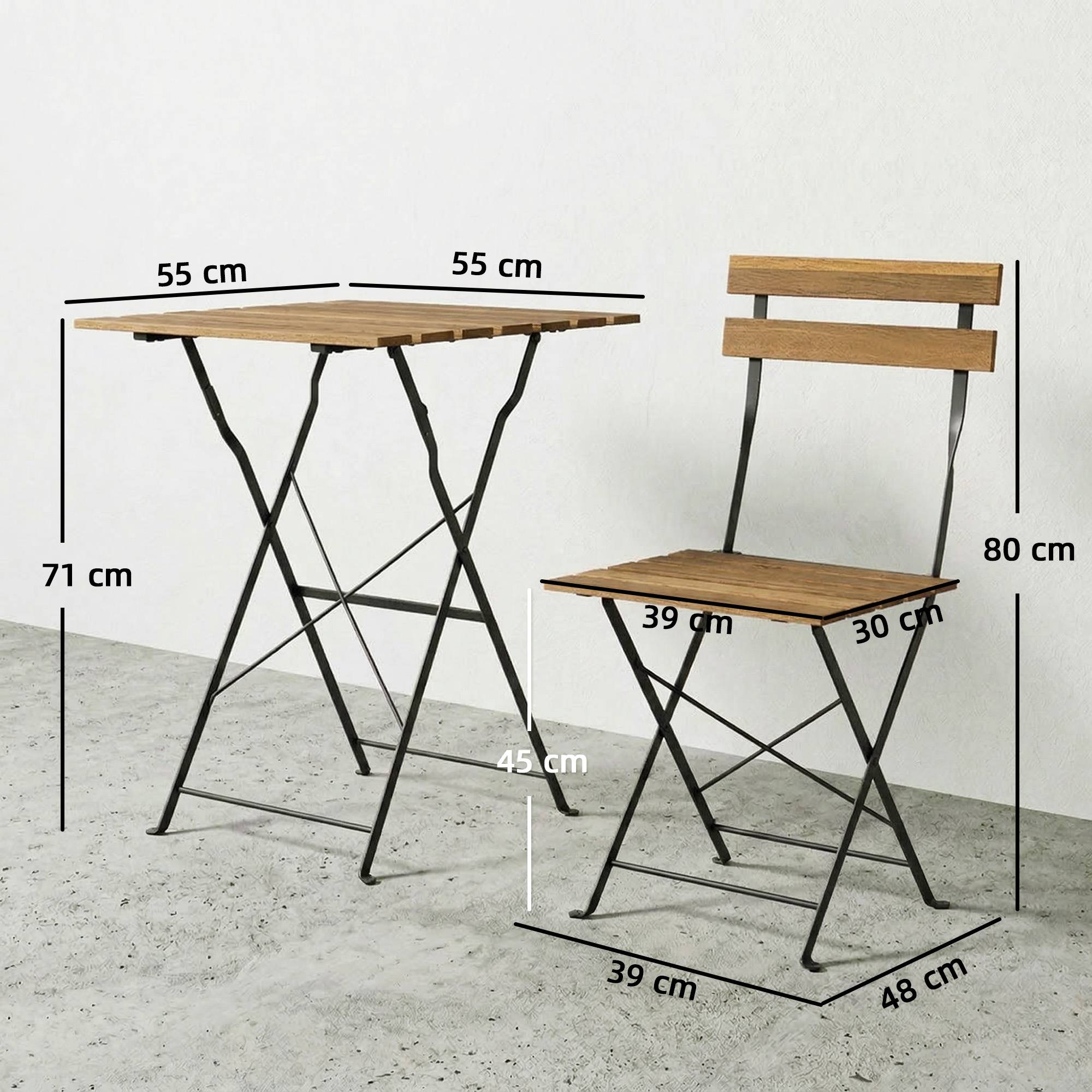 Ensemble de Salon de Jardin Bistrot 3 Pièces, 2 Chaises Pliantes, Table Carrée en Bois d'Acacia, 55x55x71cm, Naturel - Image 5