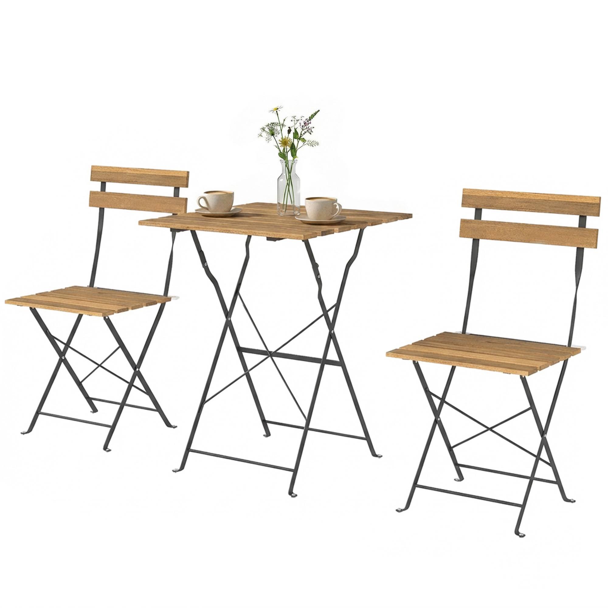 Ensemble de Salon de Jardin Bistrot 3 Pièces, 2 Chaises Pliantes, Table Carrée en Bois d'Acacia, 55x55x71cm, Naturel - Image 2