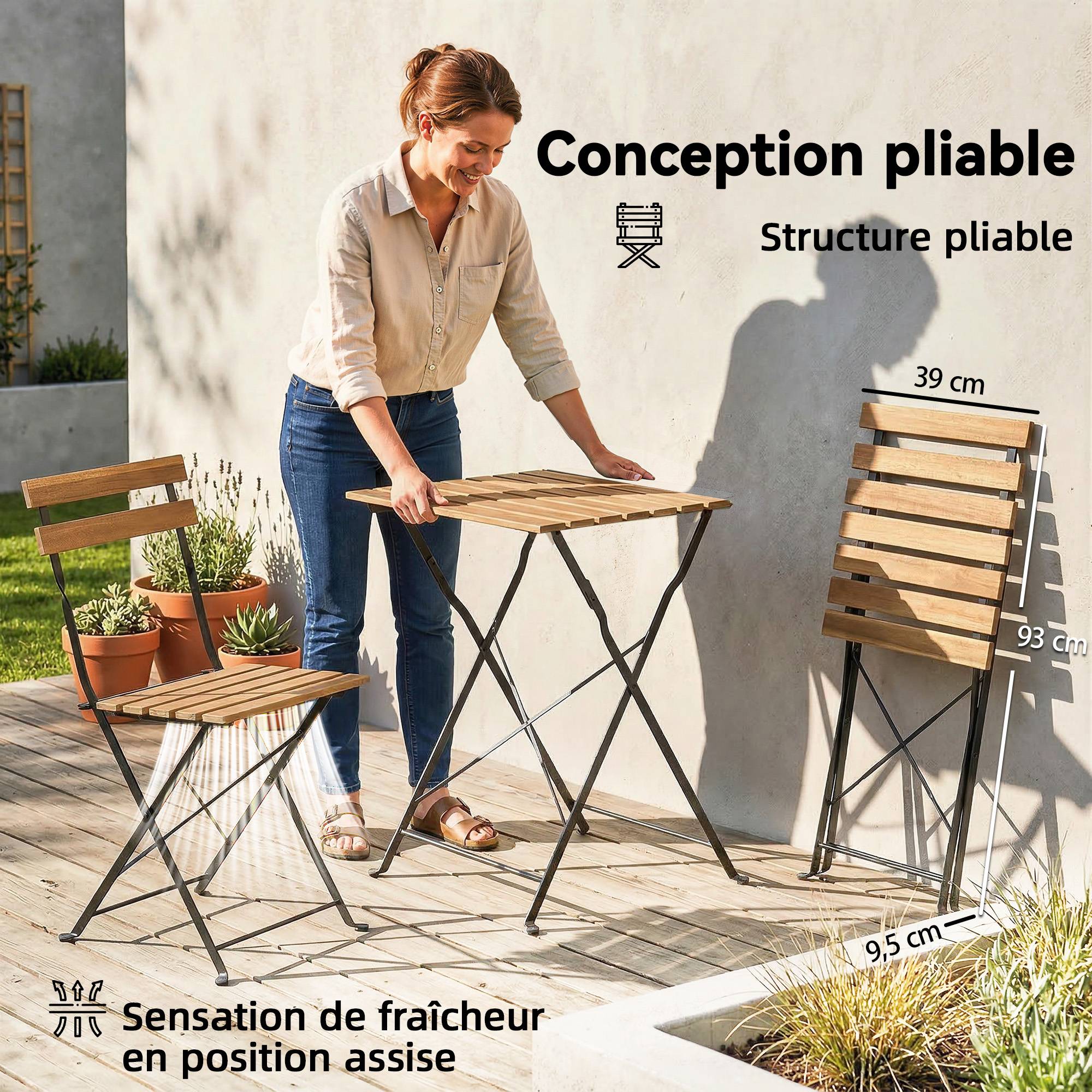 Ensemble de Salon de Jardin Bistrot 3 Pièces, 2 Chaises Pliantes, Table Carrée en Bois d'Acacia, 55x55x71cm, Naturel - Image 6