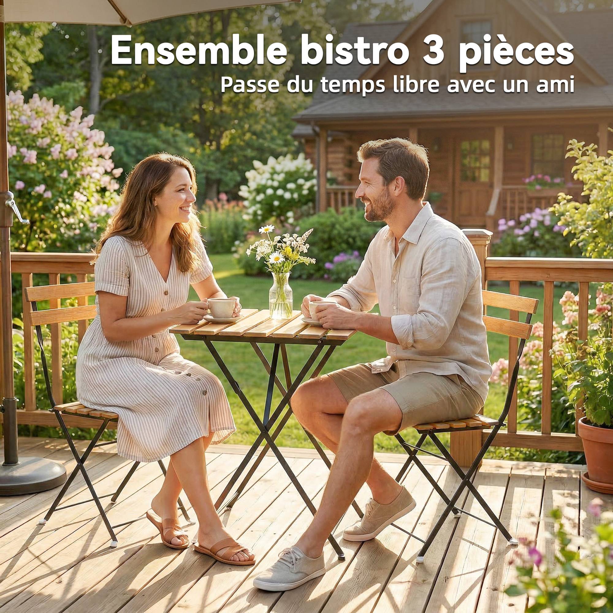 Ensemble de Salon de Jardin Bistrot 3 Pièces, 2 Chaises Pliantes, Table Carrée en Bois d'Acacia, 55x55x71cm, Naturel - Image 7
