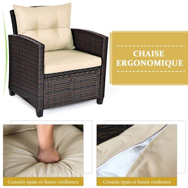 Helloshop26 - Salon de jardin en rotin pe 3 pièces 2 places avec coussins lavables 1 table en verre trempé marron - Image 4