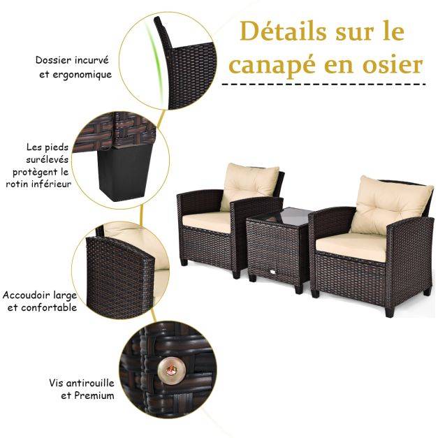 Helloshop26 - Salon de jardin en rotin pe 3 pièces 2 places avec coussins lavables 1 table en verre trempé marron - Image 3