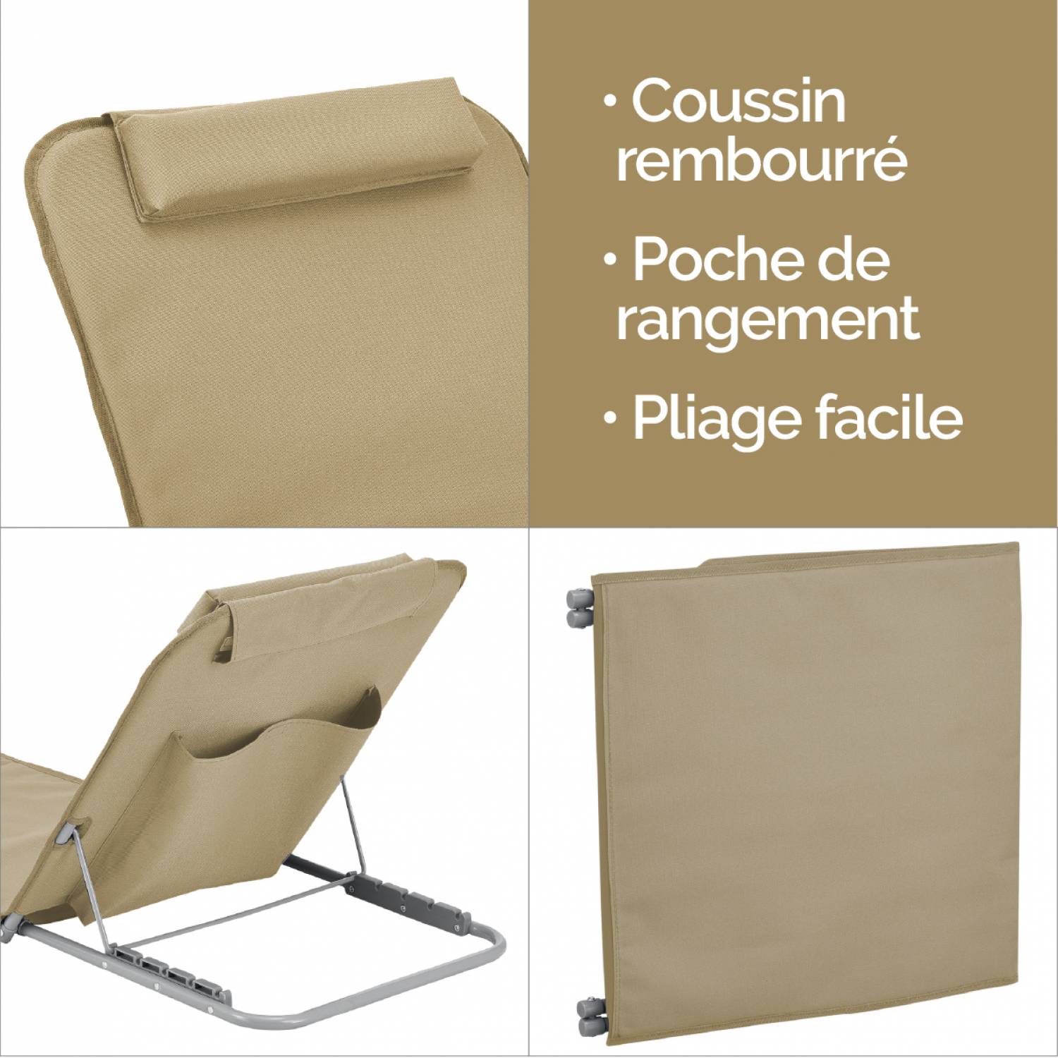 Linxor - Matelas, transat, tapis de plage avec dossier inclinable et sac de transport - Beige - Linxor - Image 5