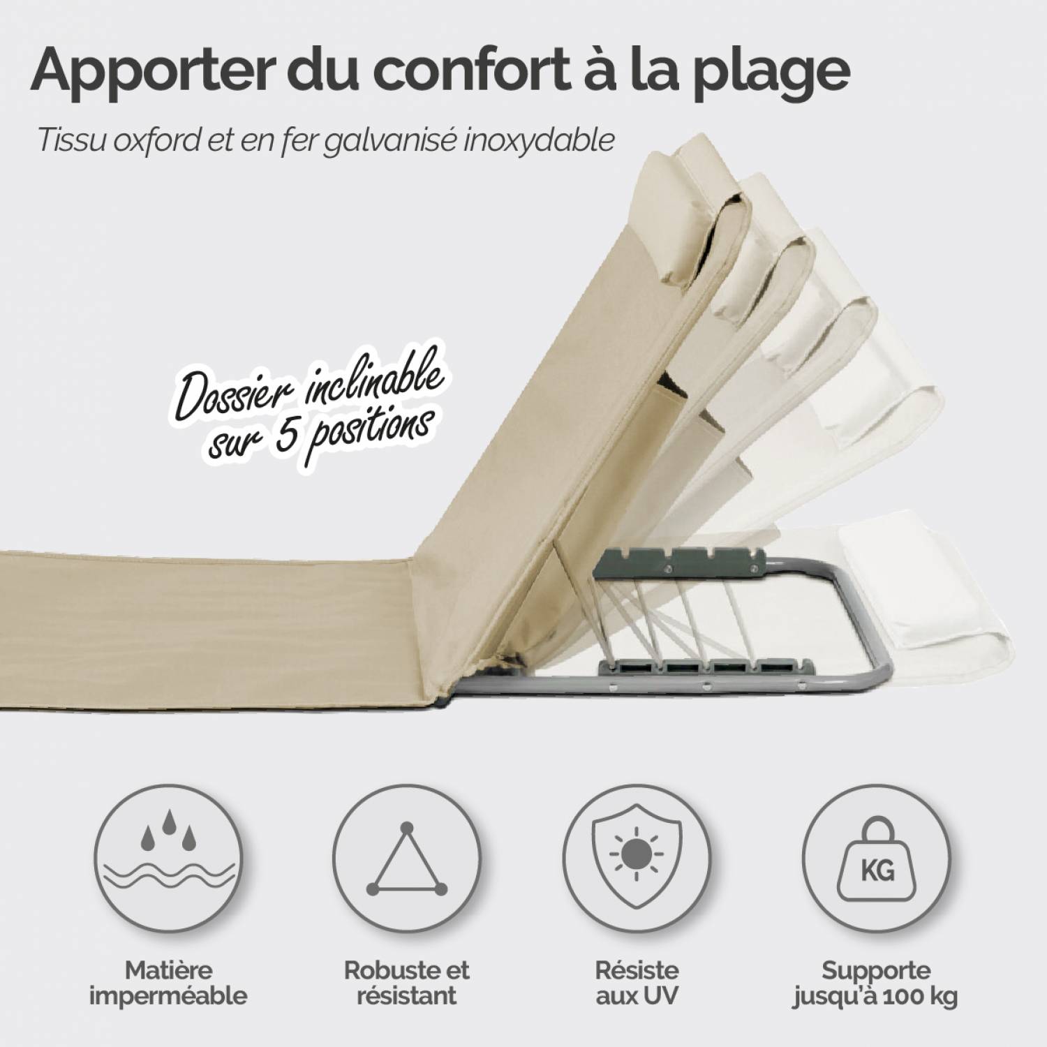 Linxor - Matelas, transat, tapis de plage avec dossier inclinable et sac de transport - Beige - Linxor - Image 4