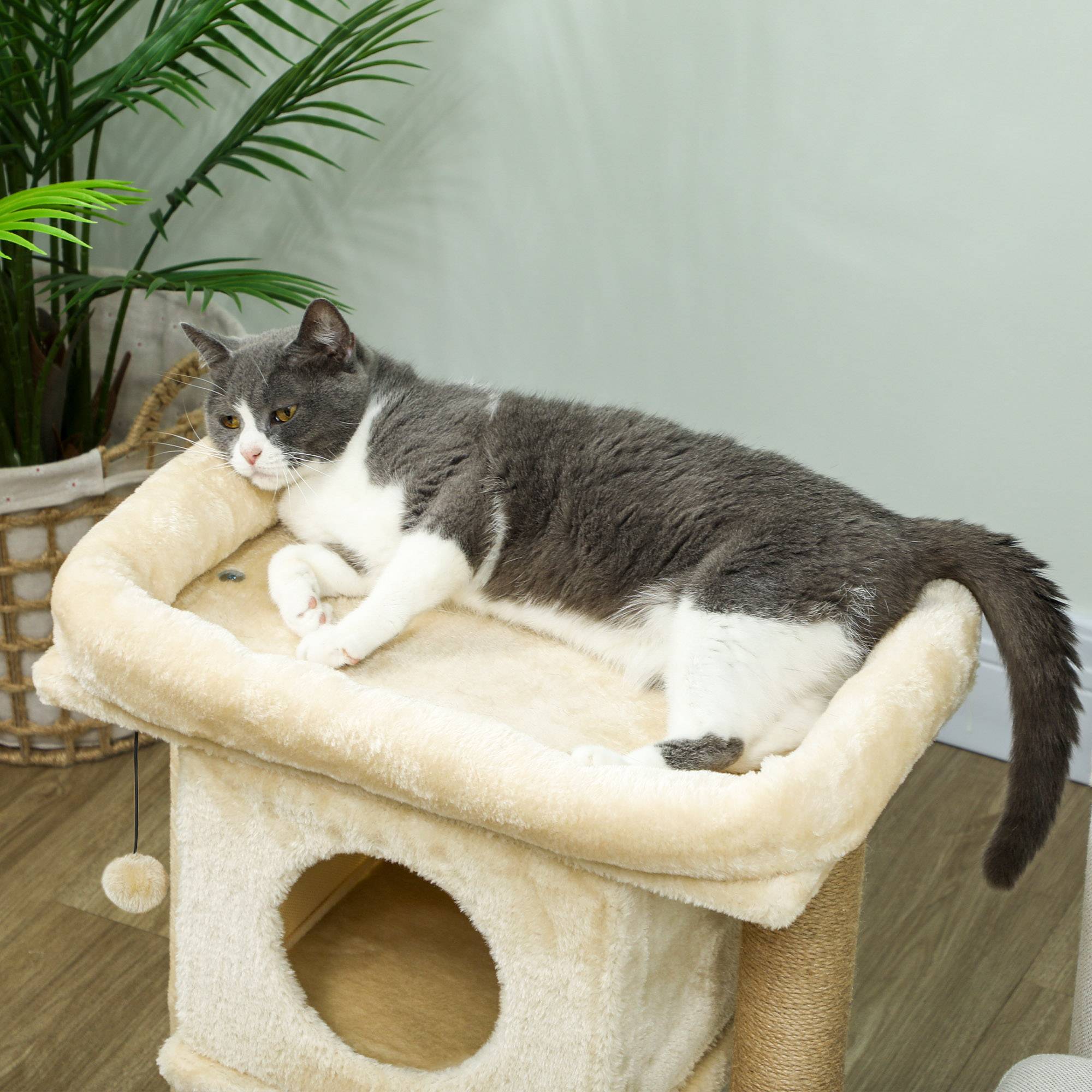 Arbre à chat griffoir jute, plateforme, balle, niche, beige, 40x40x57 cm - Image 10