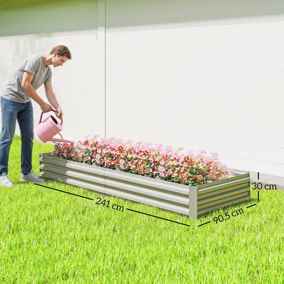 Grand pot de fleurs rectangulaire d'extérieur en acier galvanisé pour terrasse, avec base ouverte, 241 x 90,5 x 30 cm, argent - Image 5