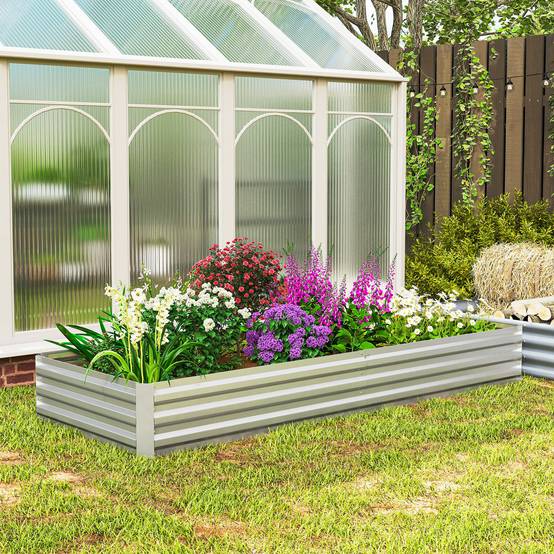 Grand pot de fleurs rectangulaire d'extérieur en acier galvanisé pour terrasse, avec base ouverte, 241 x 90,5 x 30 cm, argent - Image 4