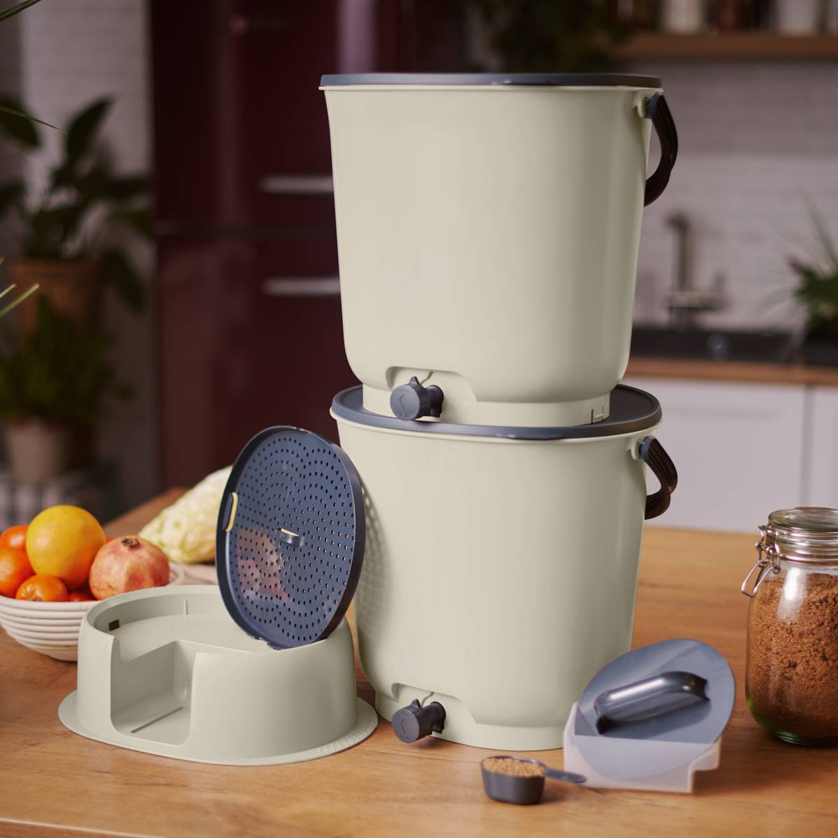 Lot de 2 composteurs Bokashi  Essential  15,3L+1kg de Brain+1 base-Crème - Image 3
