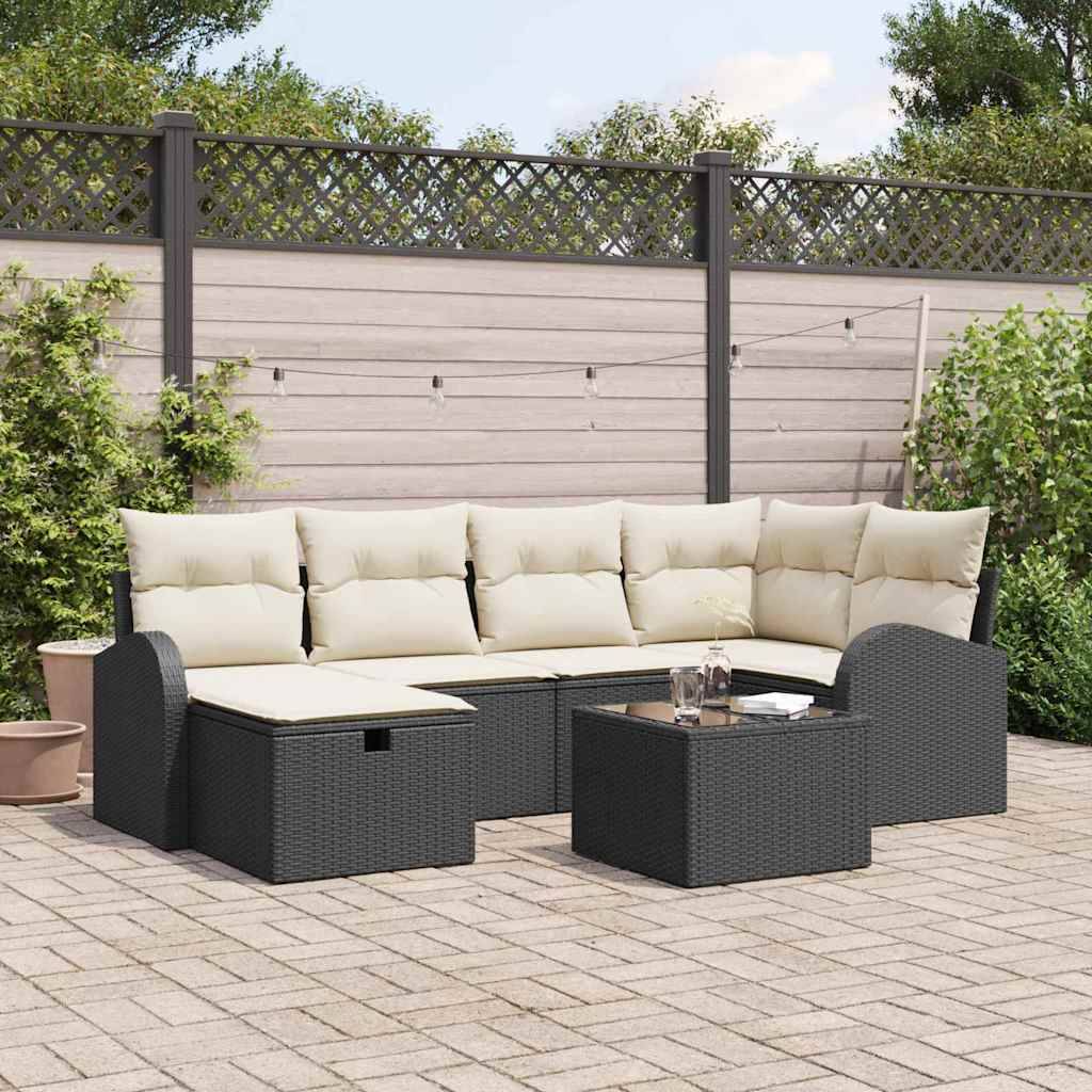 Salon Jardin Luxe 7 pcs Polyrotin Noir avec Table et Canapés Rangement pour Grande Terrasse Moderne – ComfortXL Outdoor Living - Image 1