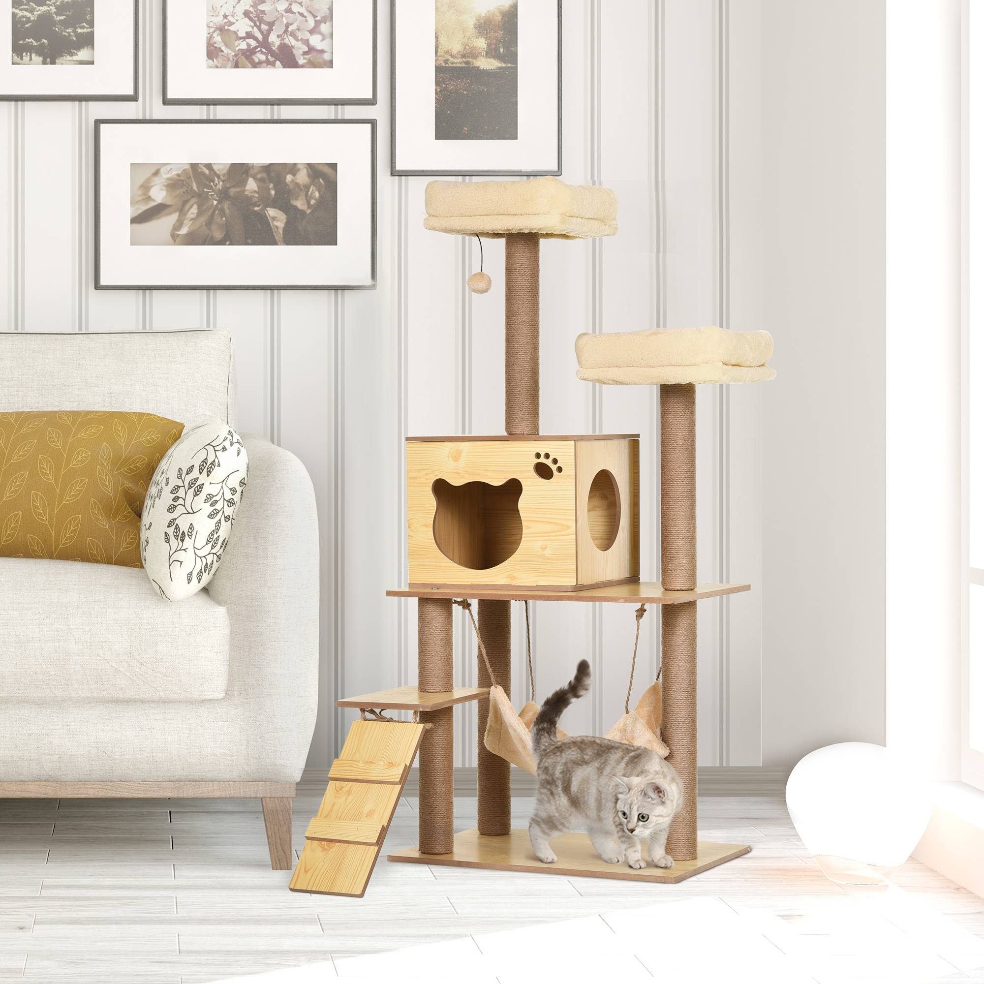 arbre à chat design contemporain poteaux sisal niche plateformes hamac balle beige griffoir chat intérieur - Image 3