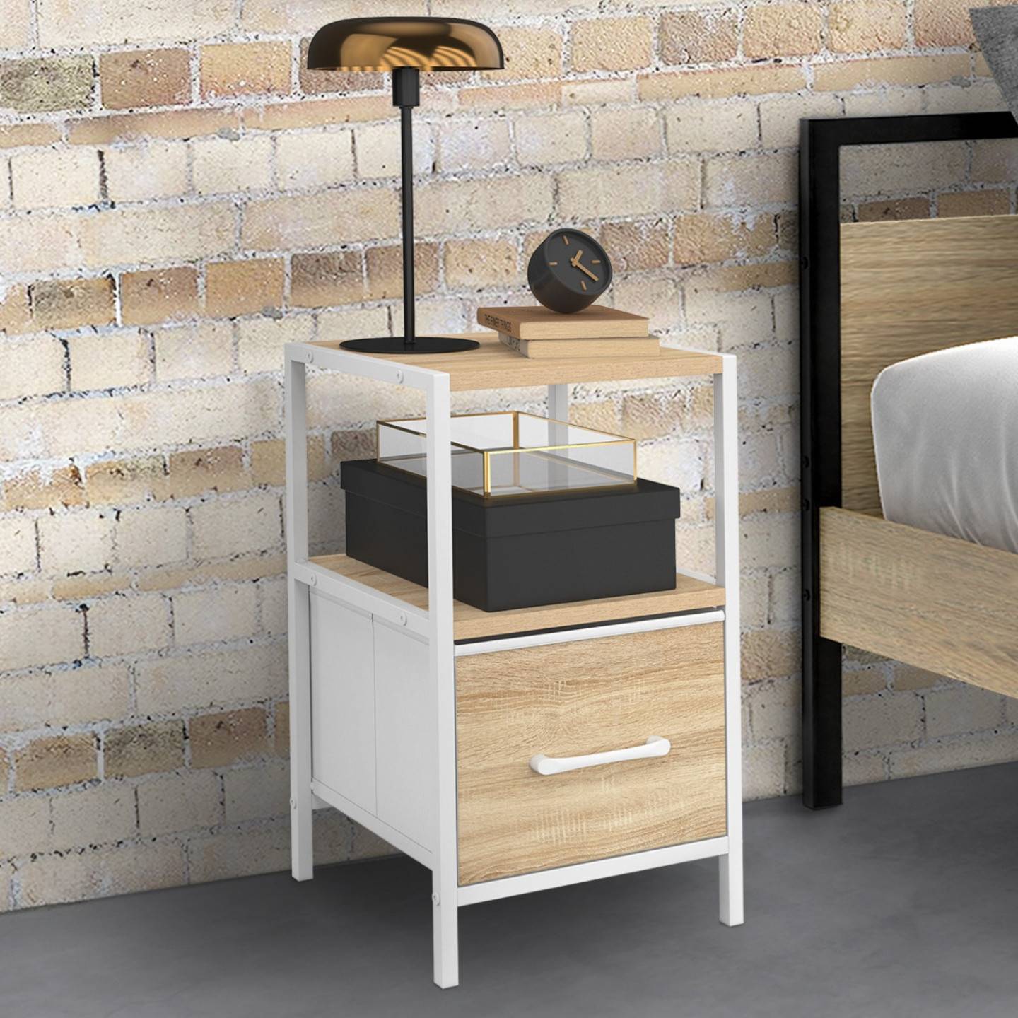 IDMARKET - Lot de 2 tables de chevet UTAH 1 tiroir et 1 niche bois et blanc - Image 1