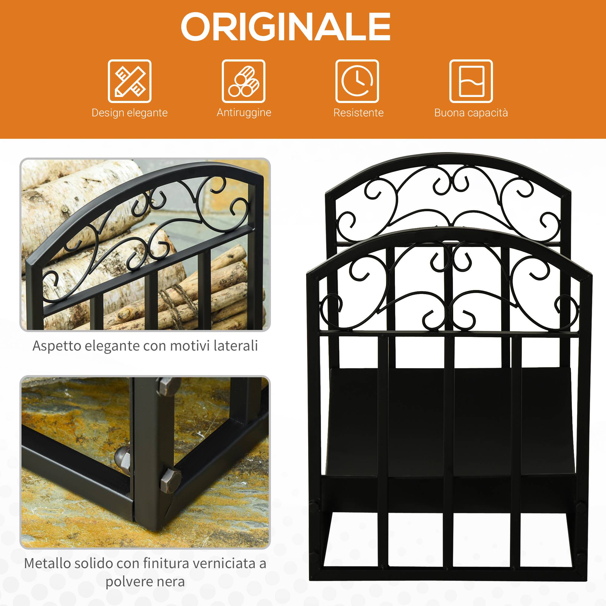 Râtelier à bûches en métal pour intérieur et extérieur avec étagère incurvée, supporte jusqu'à 60 kg de bois, noir, 60,5 x 36 x 46,5 cm - Image 6