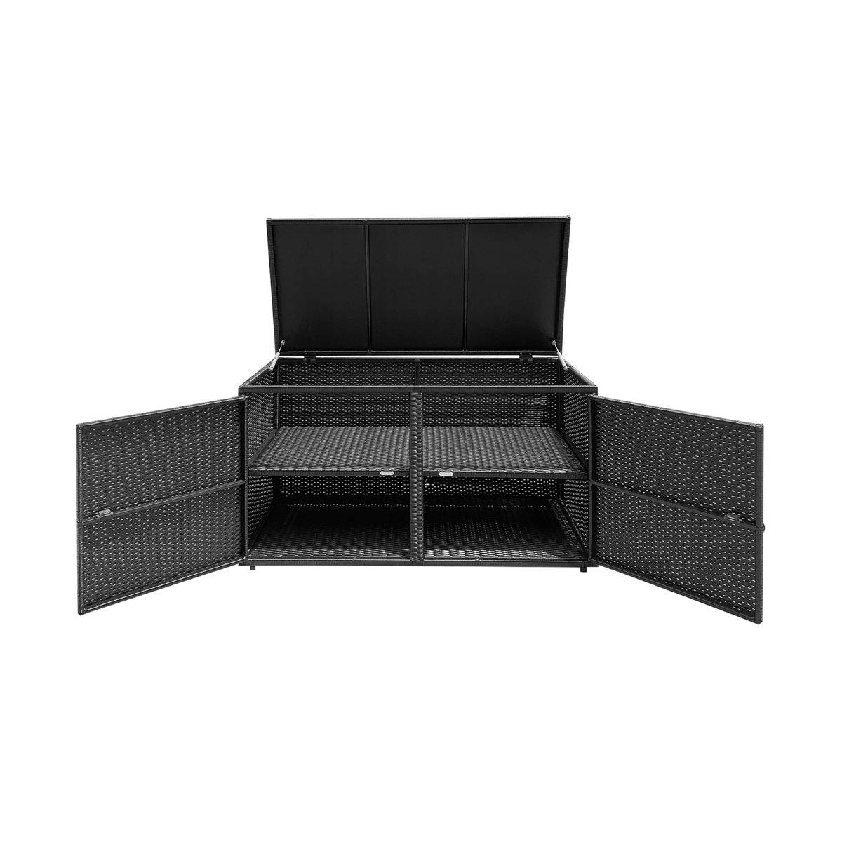 Coffre de Rangement Jardin 335L en Rotin PE Charge Max.120 kg Cadre en Acier avec 2 Etagères 115 x 60 x 65 CM Noir