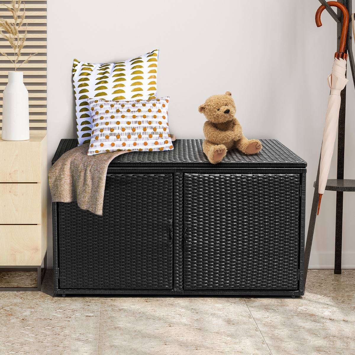 Coffre de Rangement Jardin 335L en Rotin PE Charge Max.120 kg Cadre en Acier avec 2 Etagères 115 x 60 x 65 CM Noir - Image 4