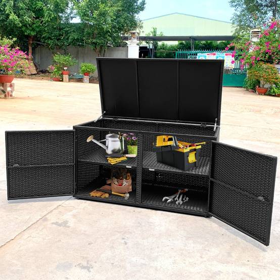 Coffre de Rangement Jardin 335L en Rotin PE Charge Max.120 kg Cadre en Acier avec 2 Etagères 115 x 60 x 65 CM Noir - Image 3