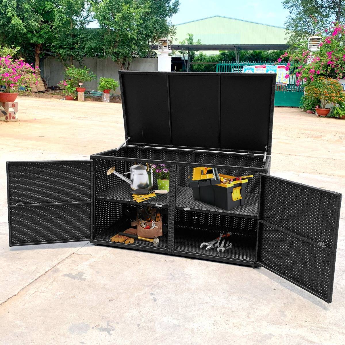 Coffre de Rangement Jardin 335L en Rotin PE Charge Max.120 kg Cadre en Acier avec 2 Etagères 115 x 60 x 65 CM Noir - Image 3