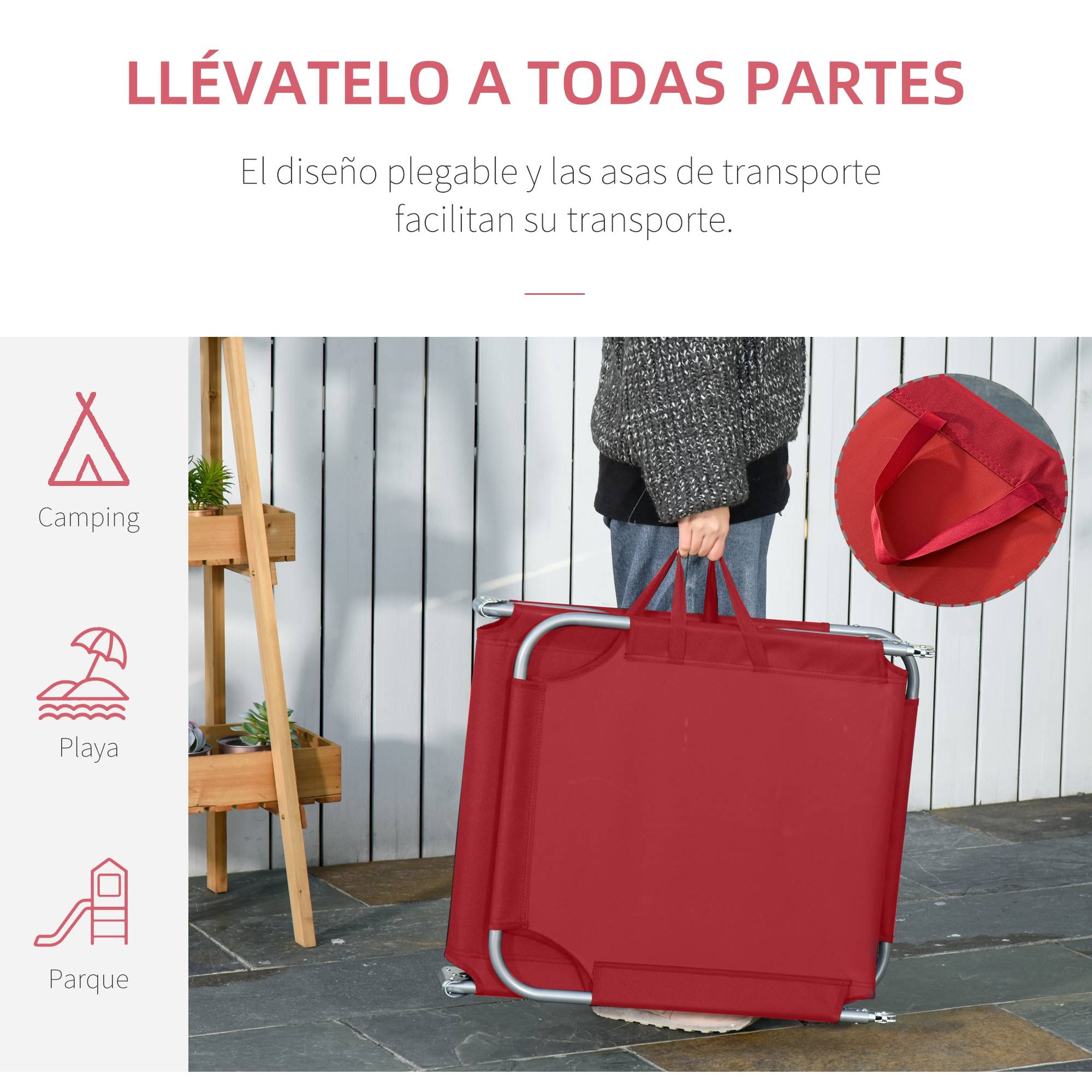 Transat de jardin pliable avec dossier réglable 5 positions, charge maximale 120 kg, pour terrasse, 187 x 55 x 24 cm, bordeaux - Image 7