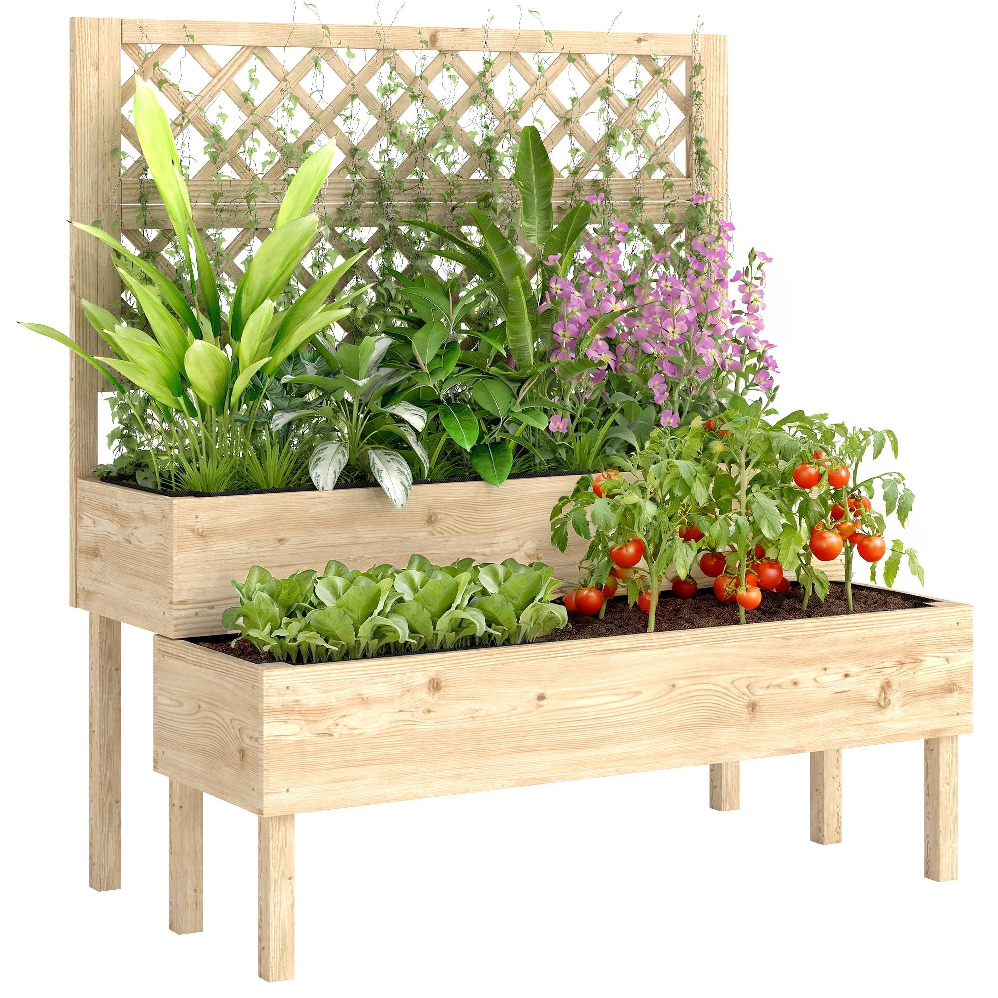 Jardinière à 2 Niveaux avec Treillis, bac à fleurs, avec tissu non tissé, 108 x 62 x 120 cm, effet bois naturelle - Image 1