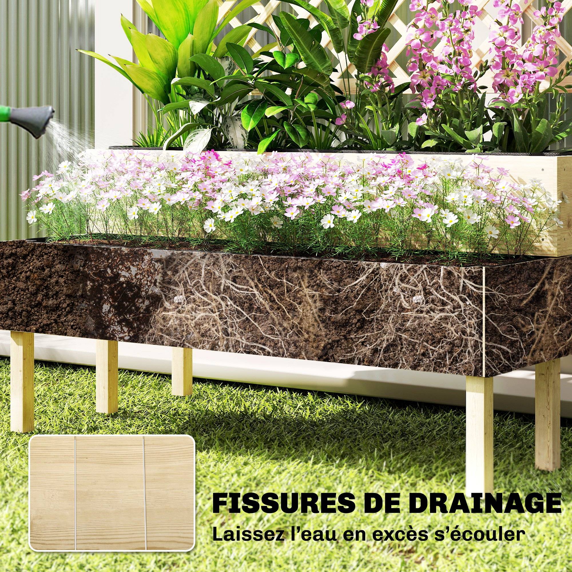 Jardinière à 2 Niveaux avec Treillis, bac à fleurs, avec tissu non tissé, 108 x 62 x 120 cm, effet bois naturelle - Image 8