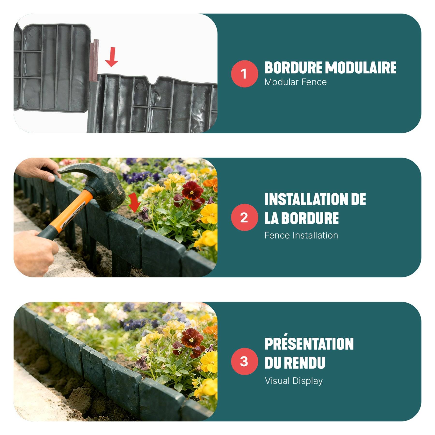Bordure de jardin imitation pierre 10m gris - Hauteur 23cm - Clôture gazon décorative en PP - Lot de 40 - VOUNOT® - Image 5